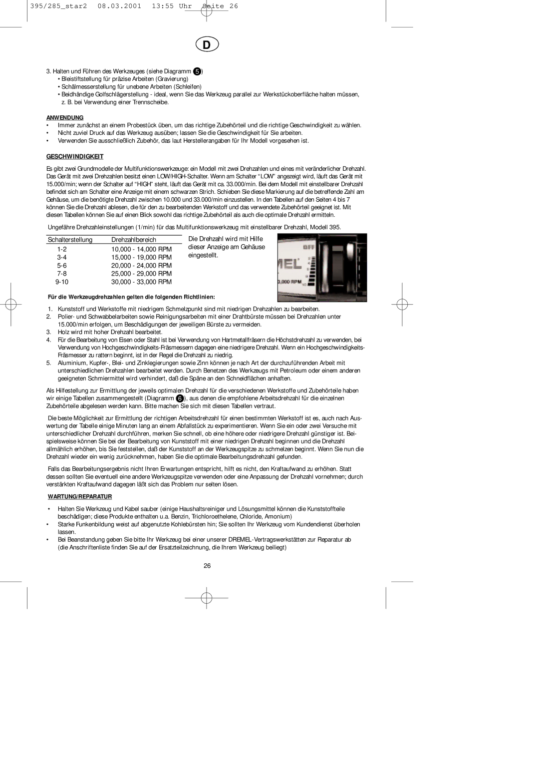 Dremel F013039567, 285 Geschwindigkeit, Für die Werkzeugdrehzahlen gelten die folgenden Richtlinien, Wartung/Reparatur 