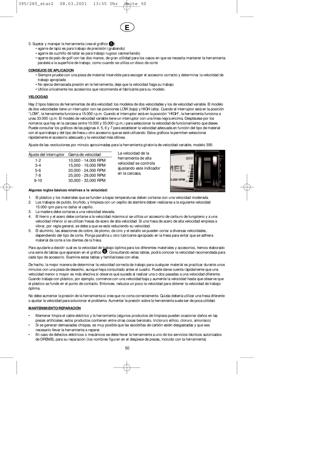 Dremel F013039567, F013028586, F013039585, F013028566 manual Consejos DE Aplicacion, Velocidad, Mantenimiento/Reparación 