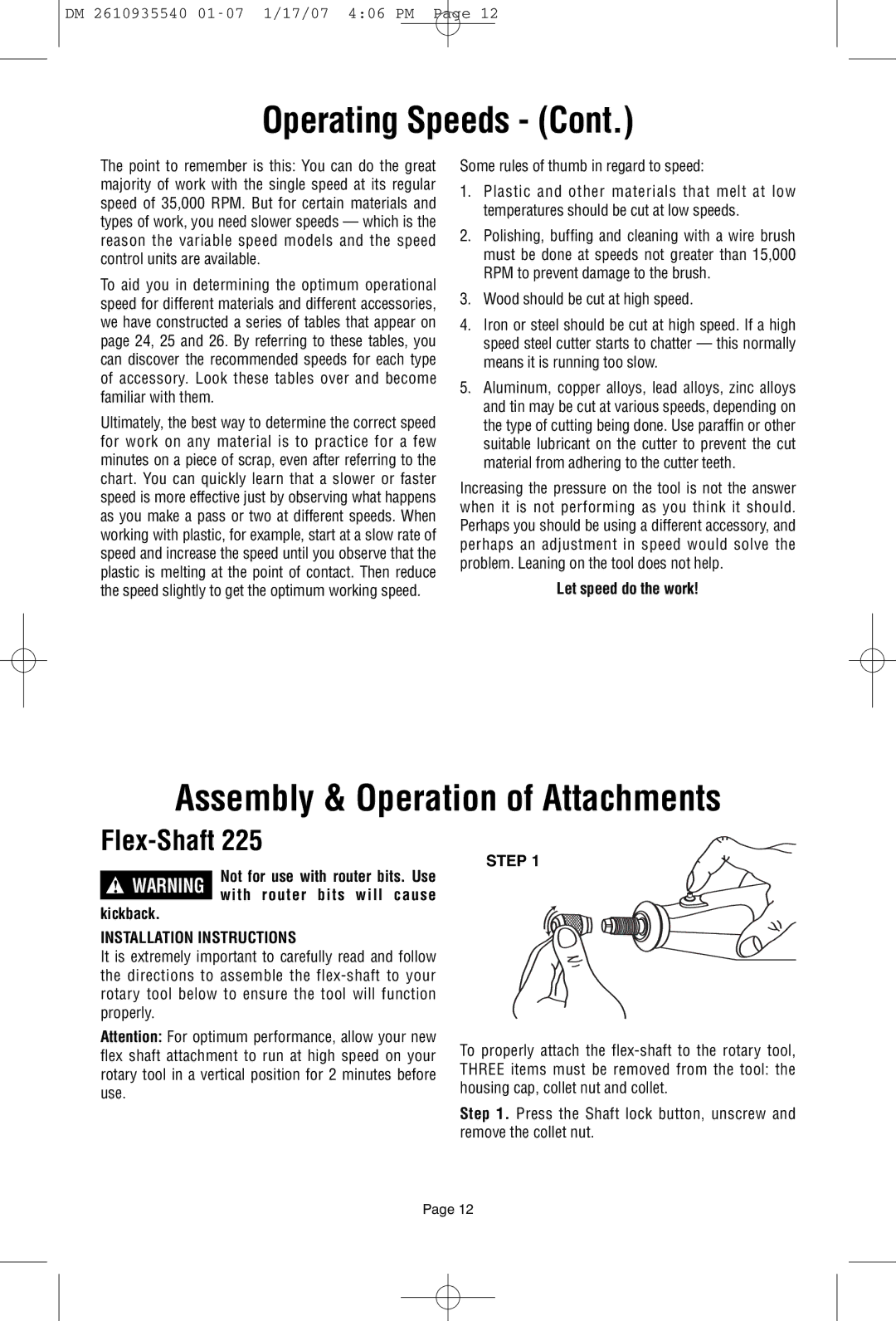 Dremel F013039519 owner manual Assembly & Operation of Attachments, Installation Instructions, Step 