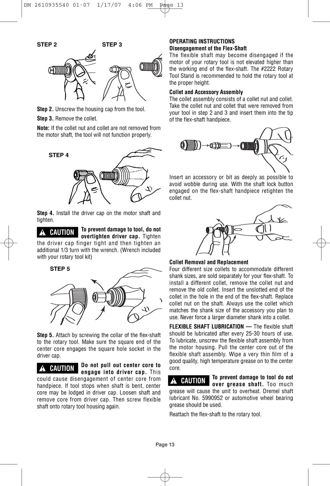 Dremel F013039519 Step Operating Instructions, Disengagement of the Flex-Shaft, Collet and Accessory Assembly, Much 