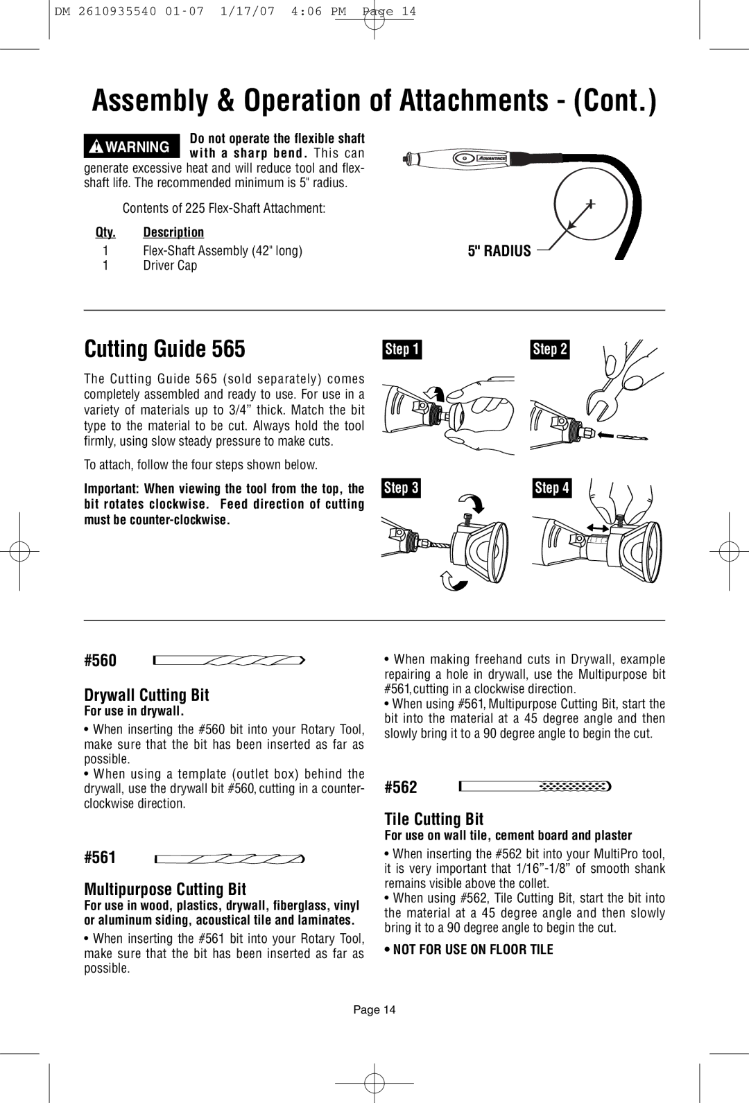 Dremel F013039519 owner manual Description, Important When viewing the tool from the top, the Step, For use in drywall 