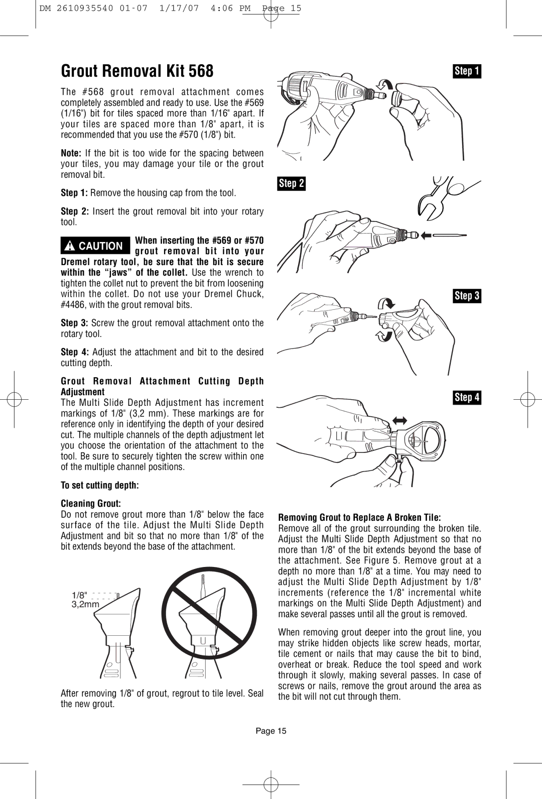 Dremel F013039519 owner manual Grout Removal Kit, Grout Removal Attachment Cutting Depth Adjustment 