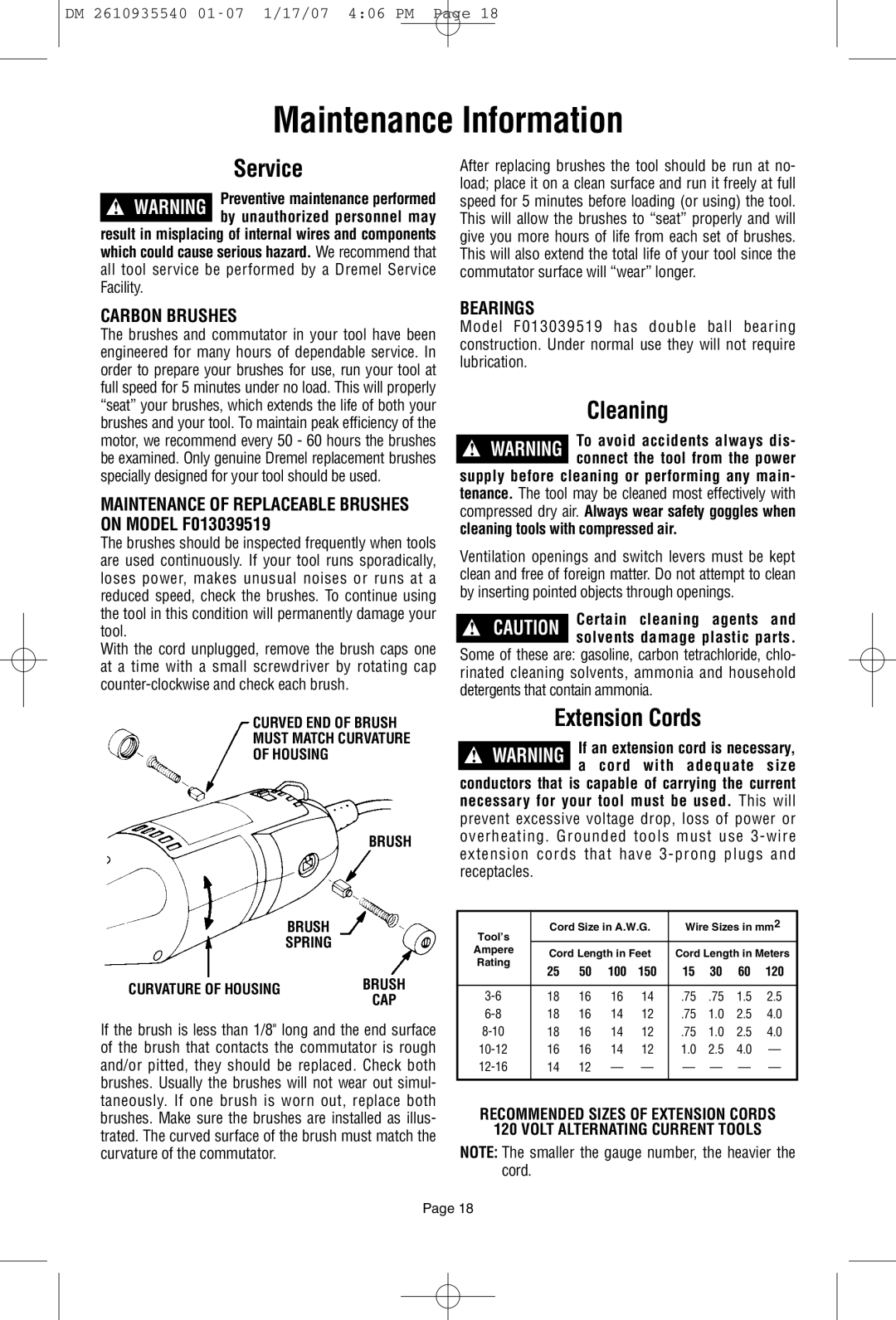 Dremel F013039519 owner manual Maintenance Information, Cleaning, Extension Cords, Cord with adequate size 