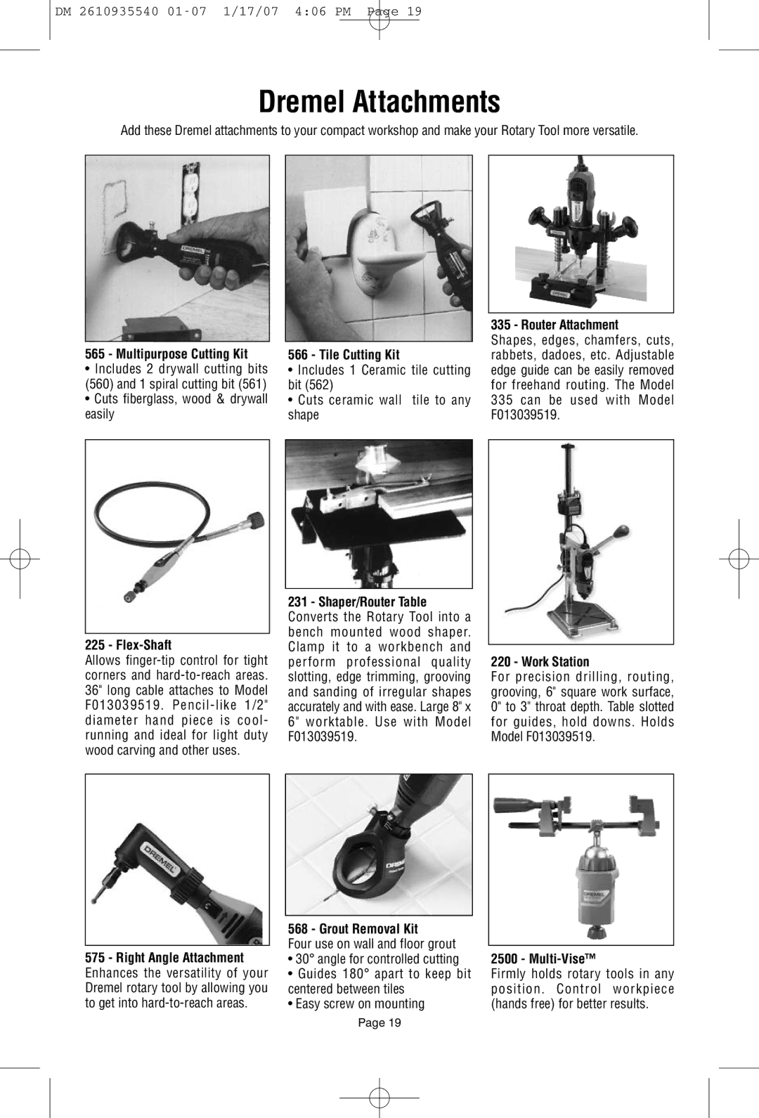 Dremel F013039519 owner manual Dremel Attachments 