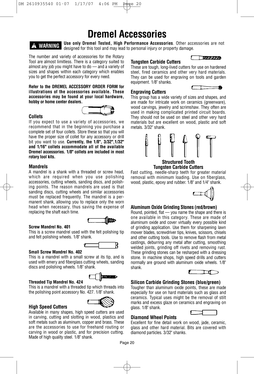 Dremel F013039519 owner manual Dremel Accessories 