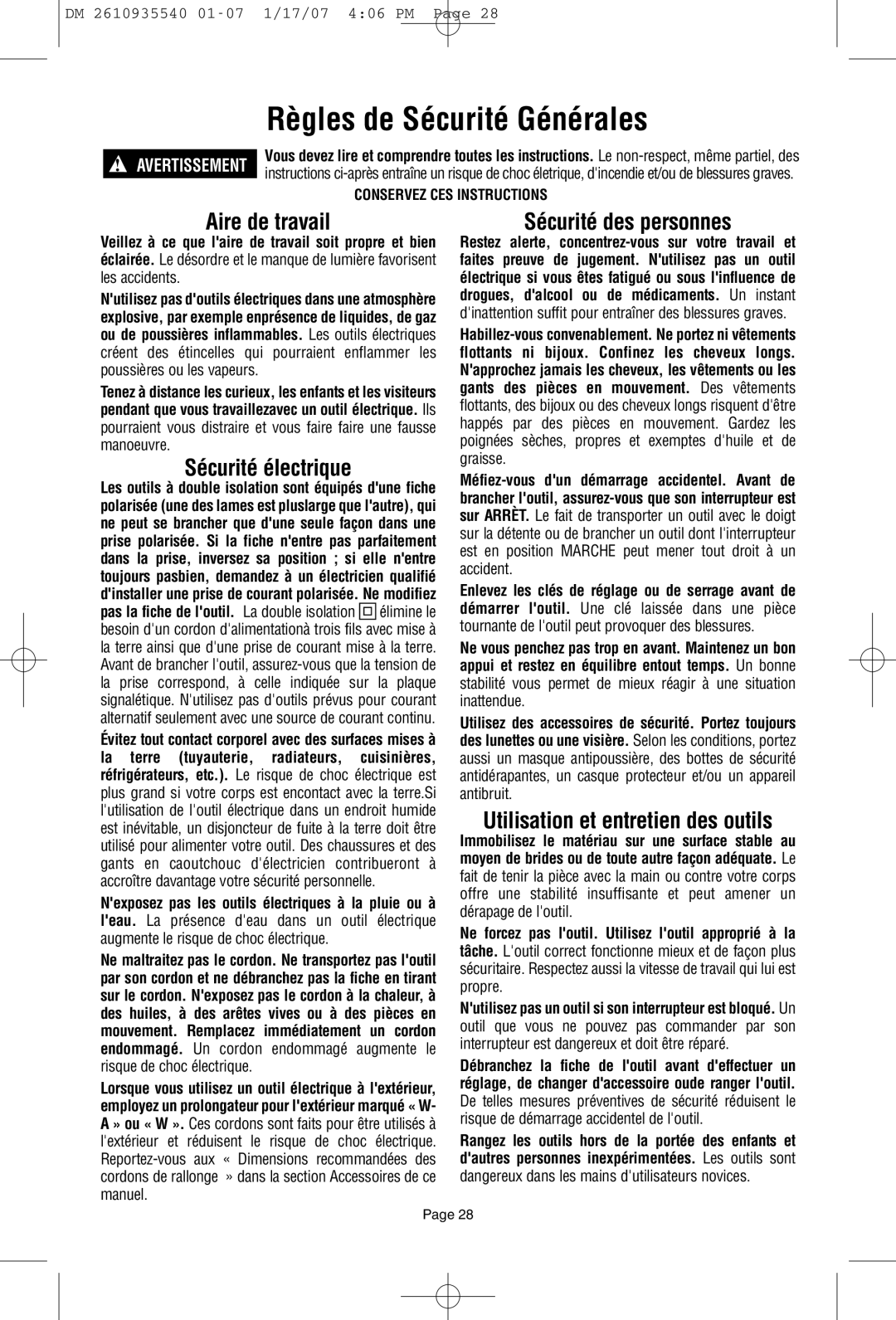 Dremel F013039519 owner manual Règles de Sécurité Générales, Avertissement 