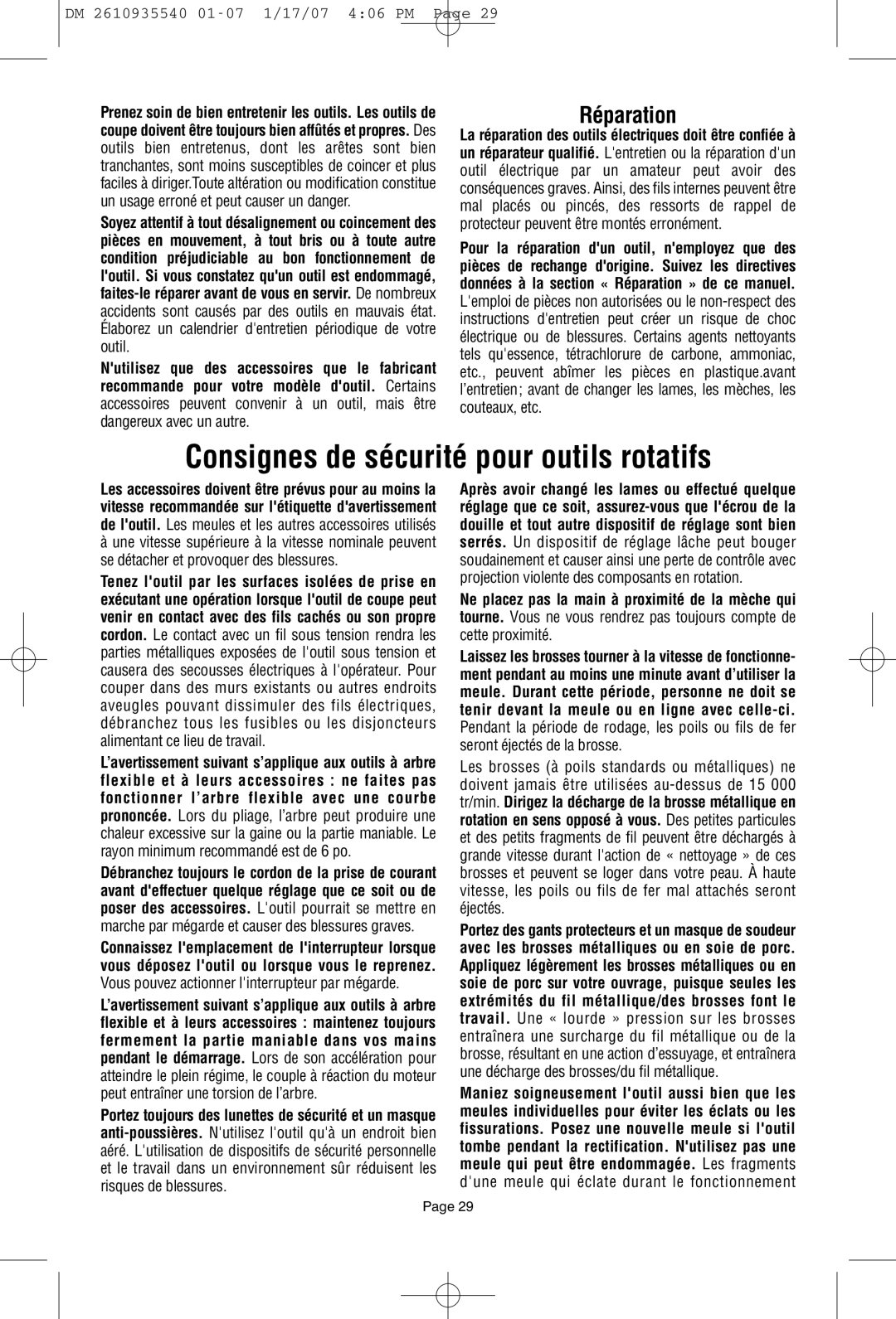 Dremel F013039519 owner manual Consignes de sécurité pour outils rotatifs, Réparation 