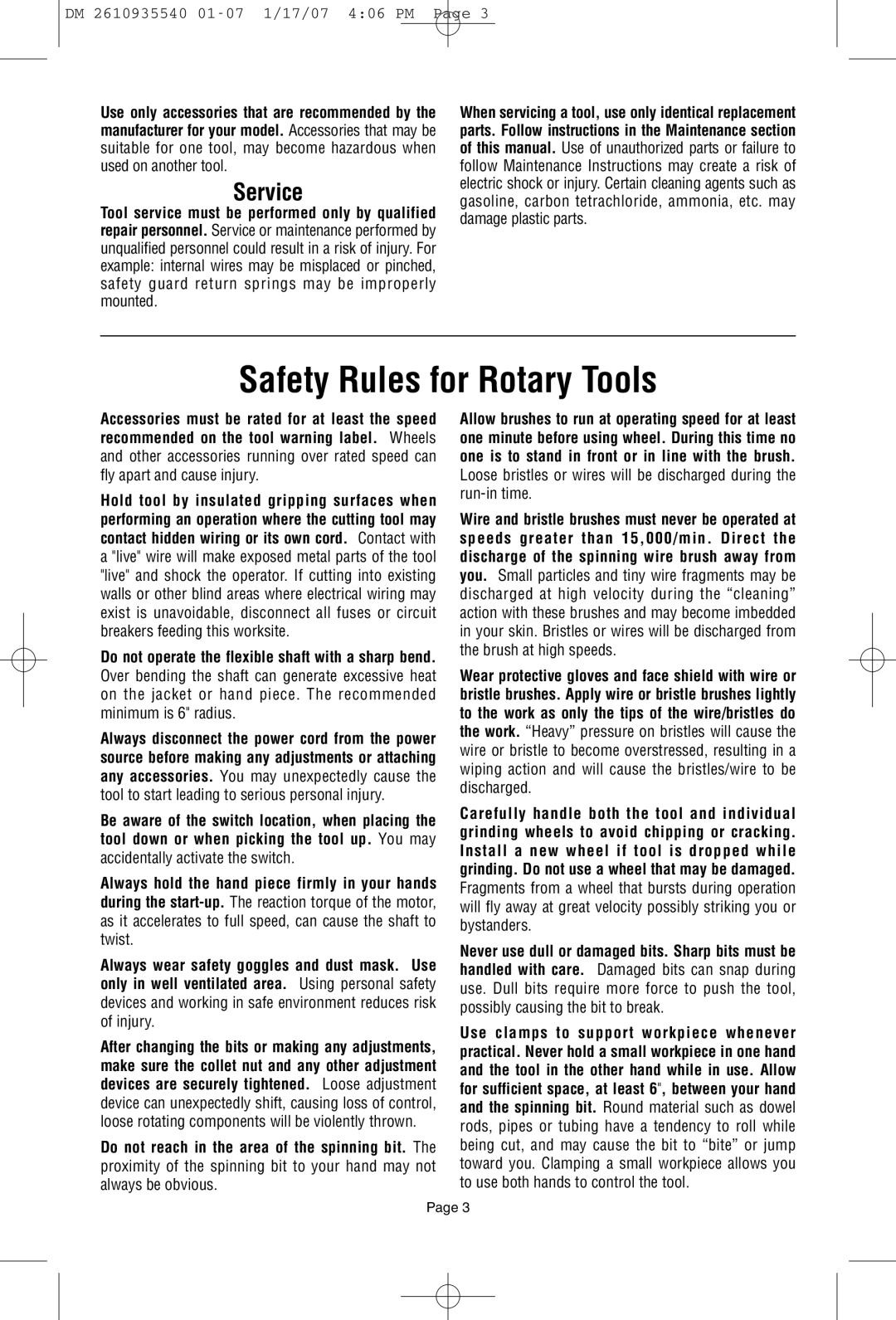 Dremel F013039519 owner manual Safety Rules for Rotary Tools, Service 