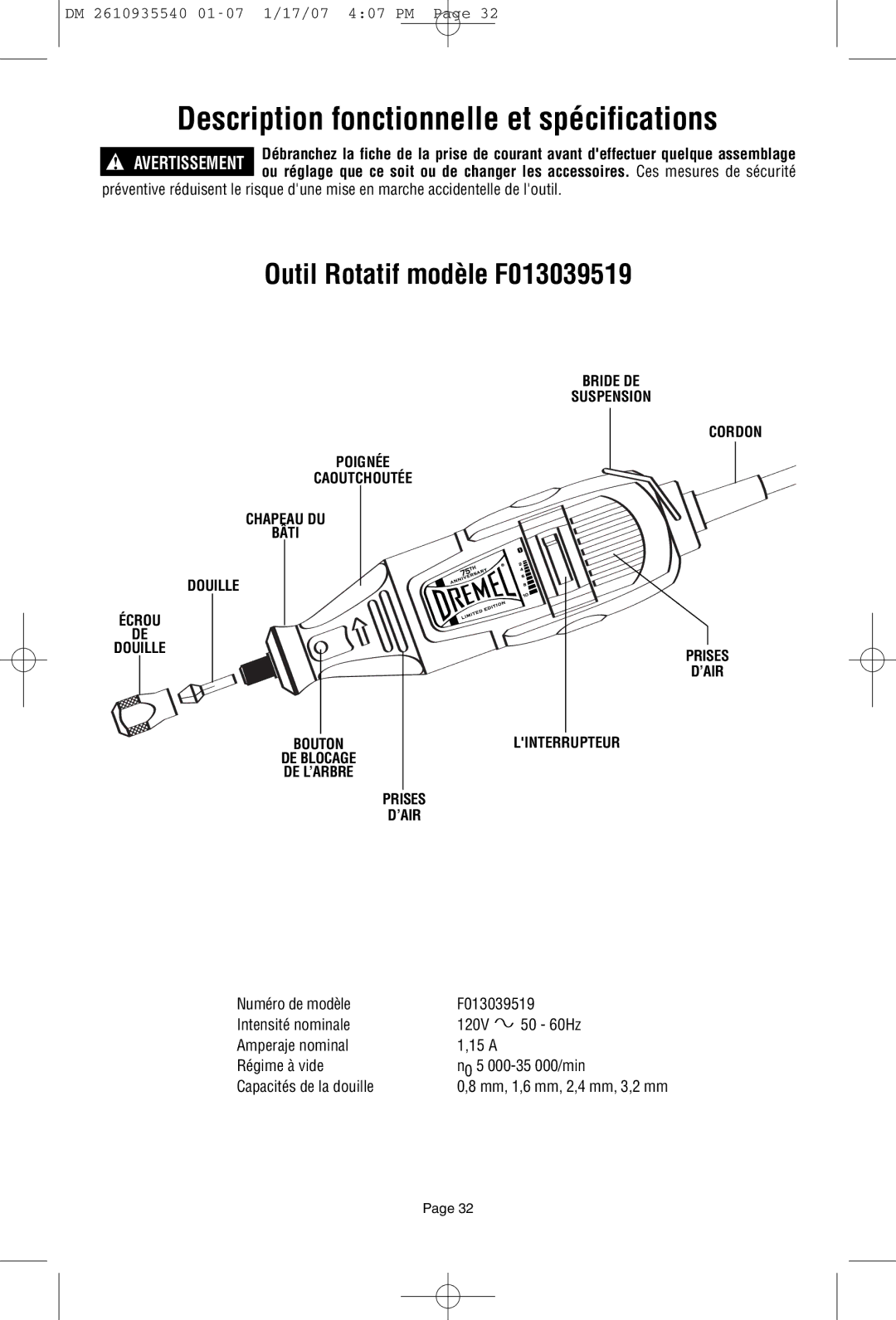 Dremel owner manual Description fonctionnelle et spécifications, Outil Rotatif modèle F013039519 