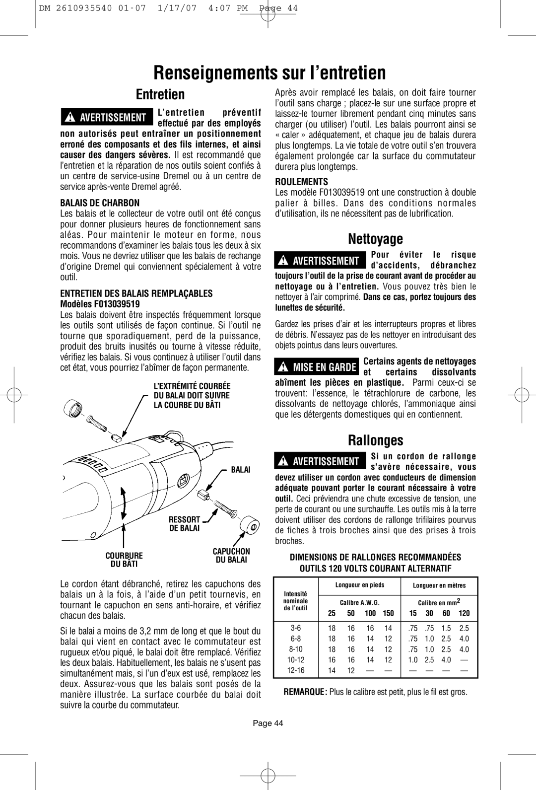 Dremel F013039519 owner manual Renseignements sur l’entretien, Entretien, Nettoyage, Rallonges 