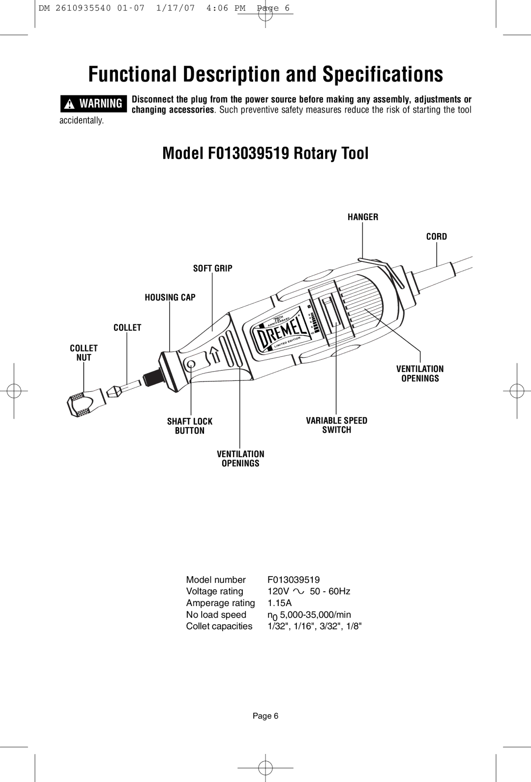 Dremel owner manual Functional Description and Specifications, Model F013039519 Rotary Tool, Accidentally 