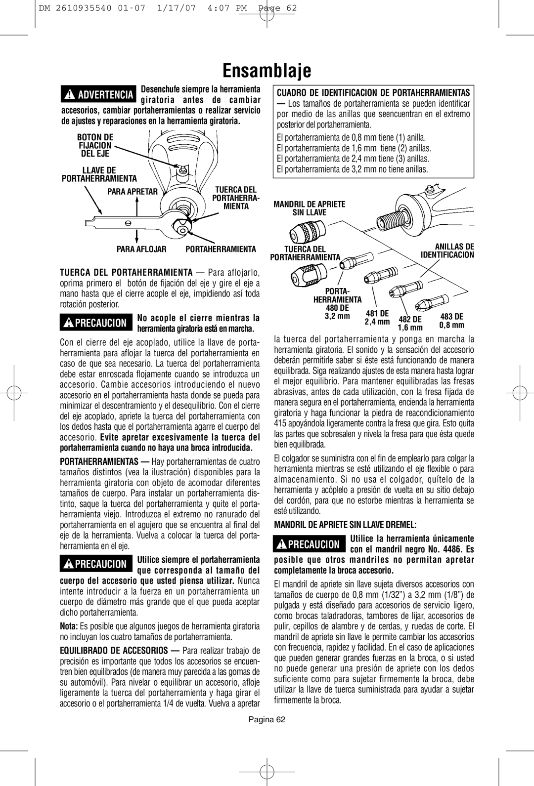 Dremel F013039519 Ensamblaje, Cuadro DE Identificacion DE Portaherramientas, Mandril DE Apriete SIN Llave Dremel 