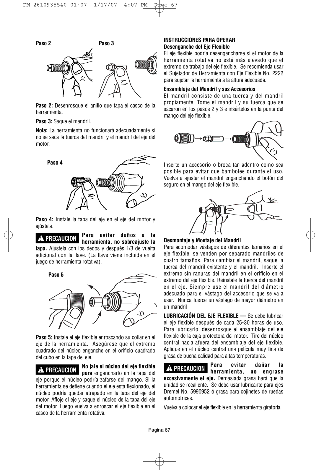 Dremel F013039519 Instrucciones Para Operar, Desenganche del Eje Flexible, Ensamblaje del Mandril y sus Accesorios 