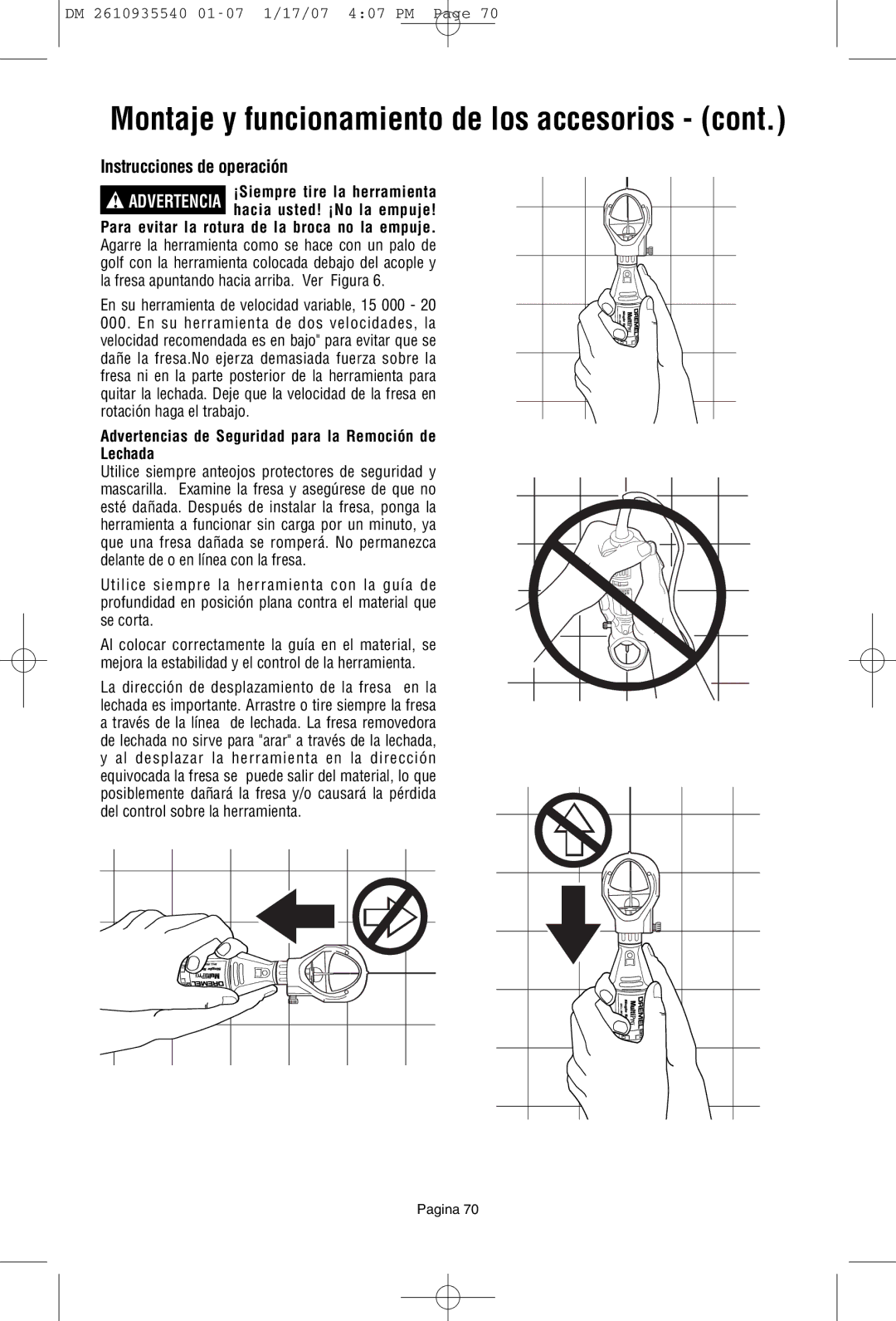 Dremel F013039519 owner manual Instrucciones de operación, Advertencias de Seguridad para la Remoción de Lechada 