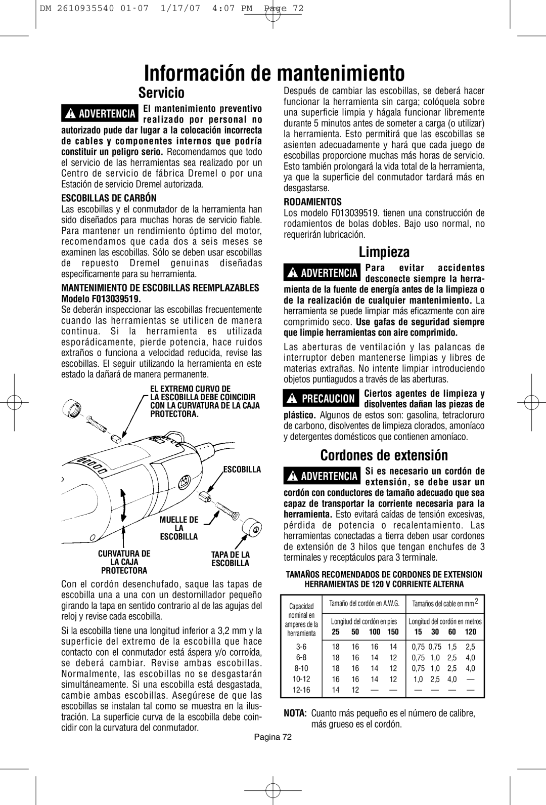 Dremel F013039519 owner manual Información de mantenimiento, Servicio, Limpieza, Cordones de extensión 