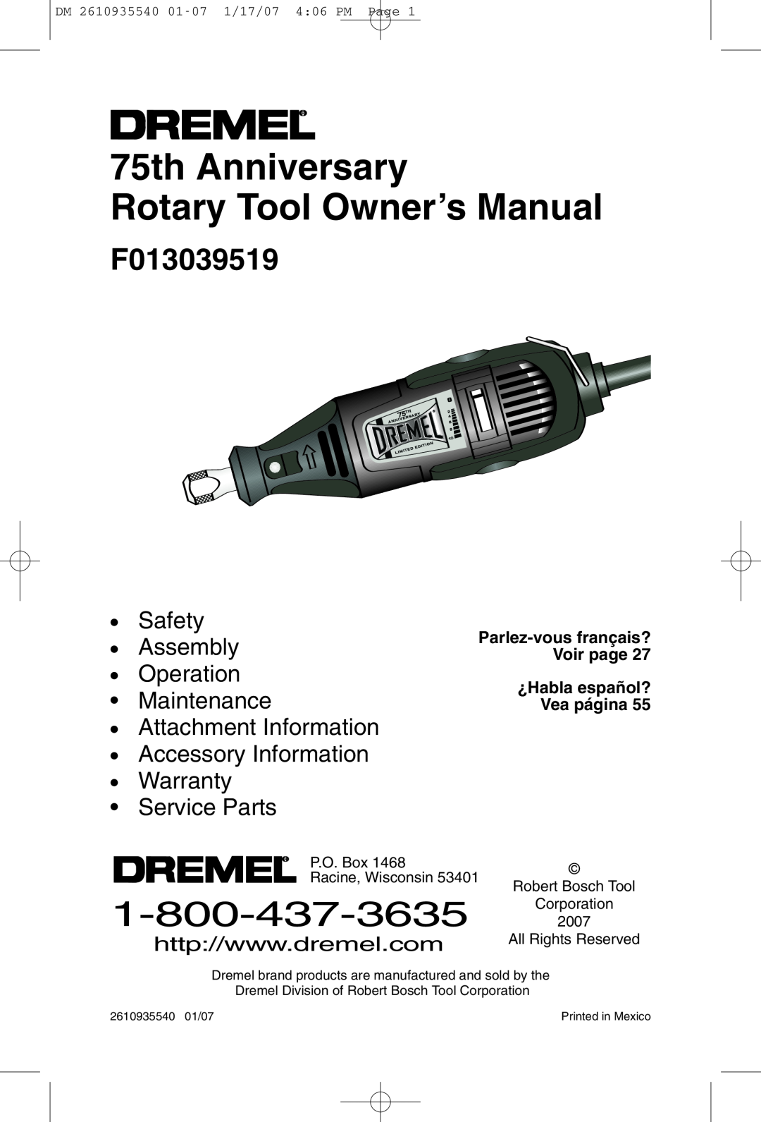 Dremel F013039519 owner manual 75th Anniversary Rotary Tool Owner’s Manual, P.O. Box, Racine, Wisconsin 