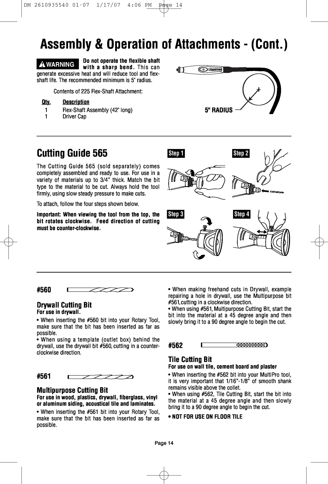 Dremel F013039519 owner manual Assembly & Operation of Attachments - Cont, #560 Drywall Cutting Bit, #562, Tile Cutting Bit 