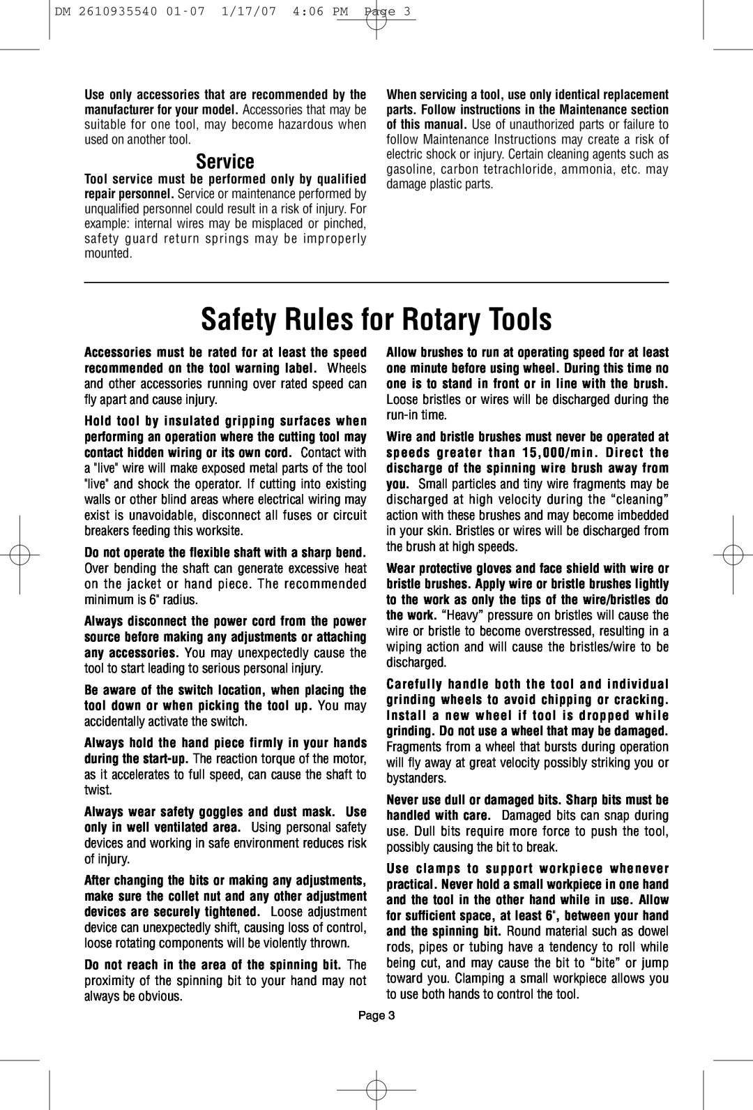 Dremel F013039519 owner manual Safety Rules for Rotary Tools, Service 