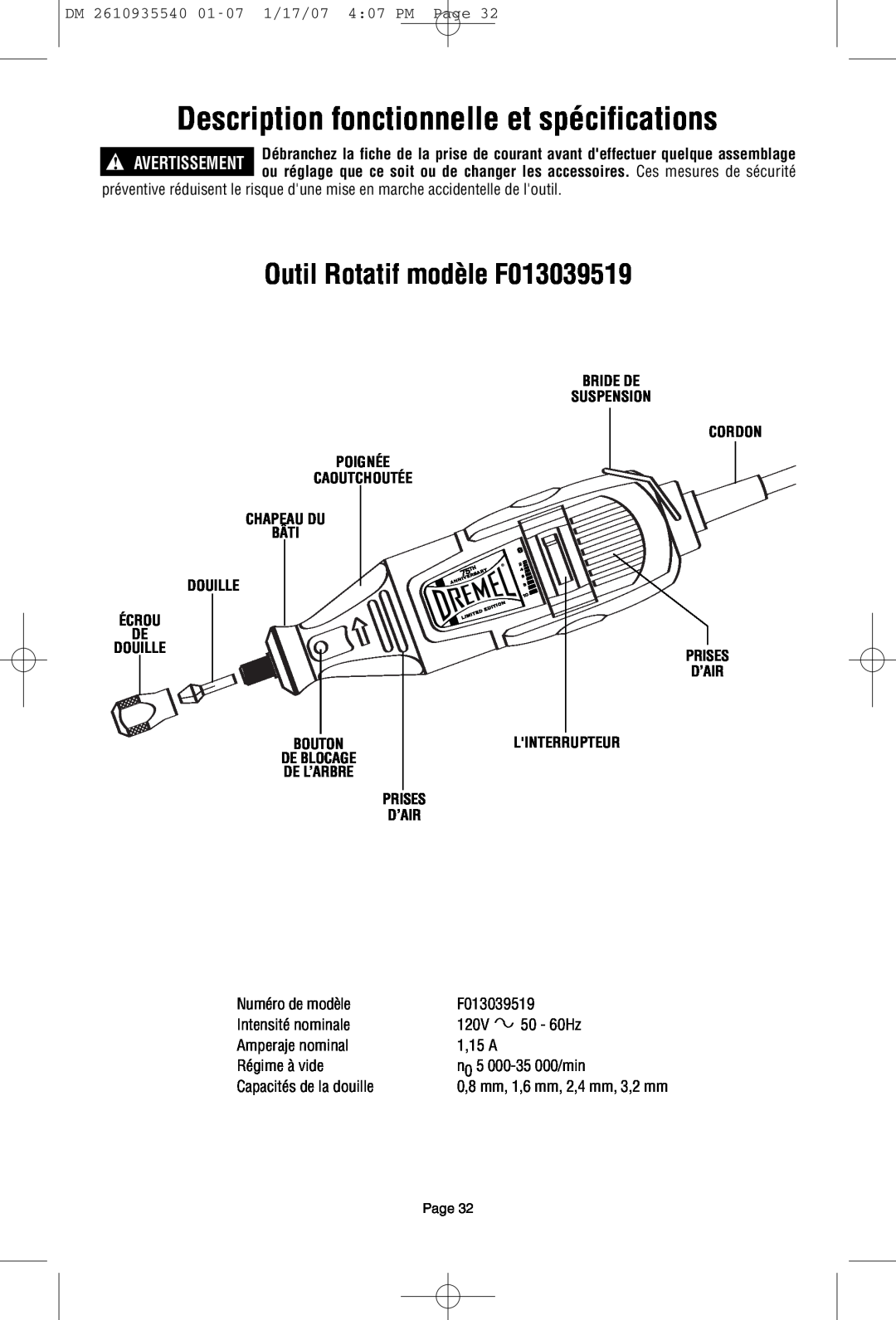 Dremel owner manual Description fonctionnelle et spécifications, Outil Rotatif modèle F013039519 