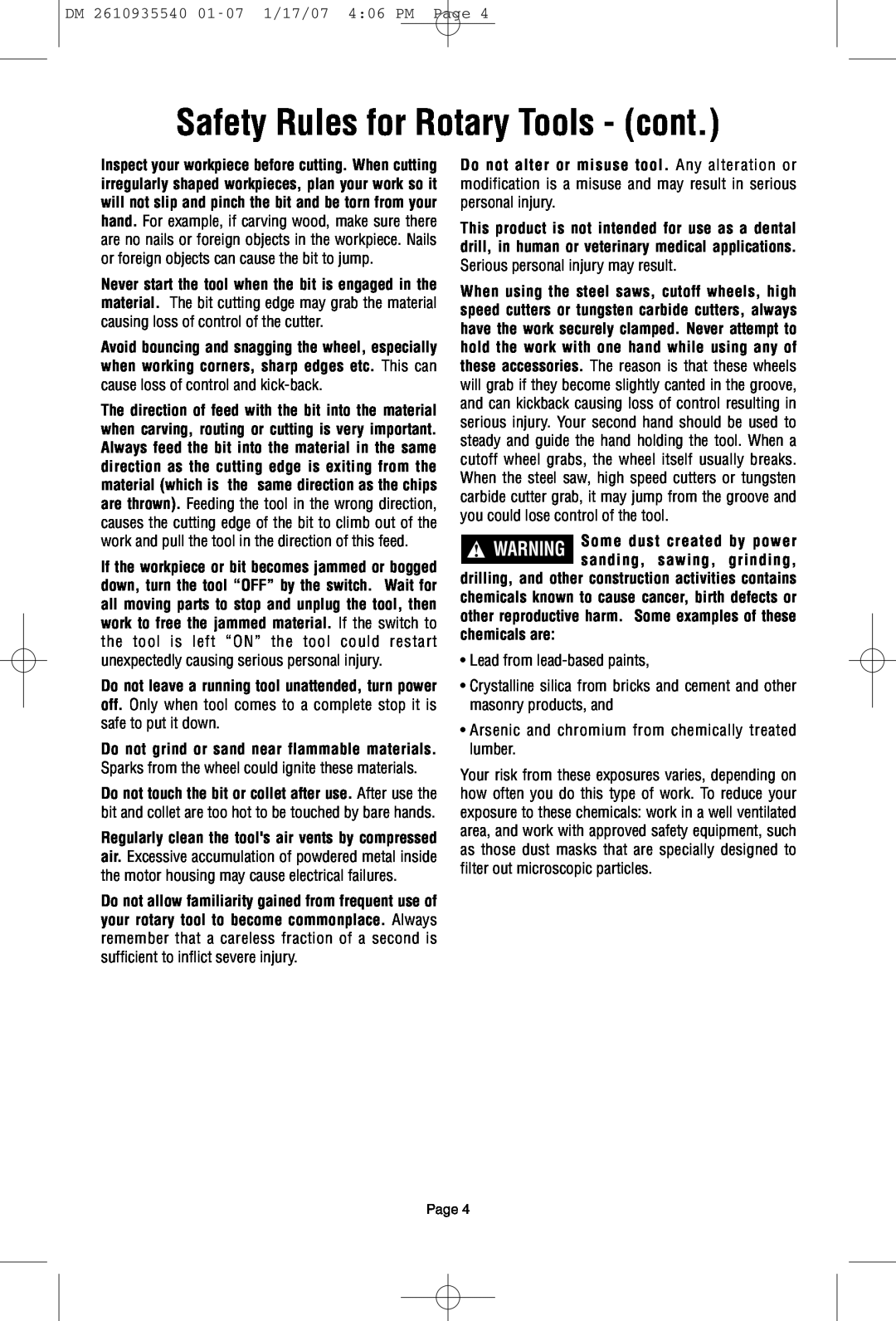 Dremel F013039519 owner manual Safety Rules for Rotary Tools - cont, Lead from lead-based paints 
