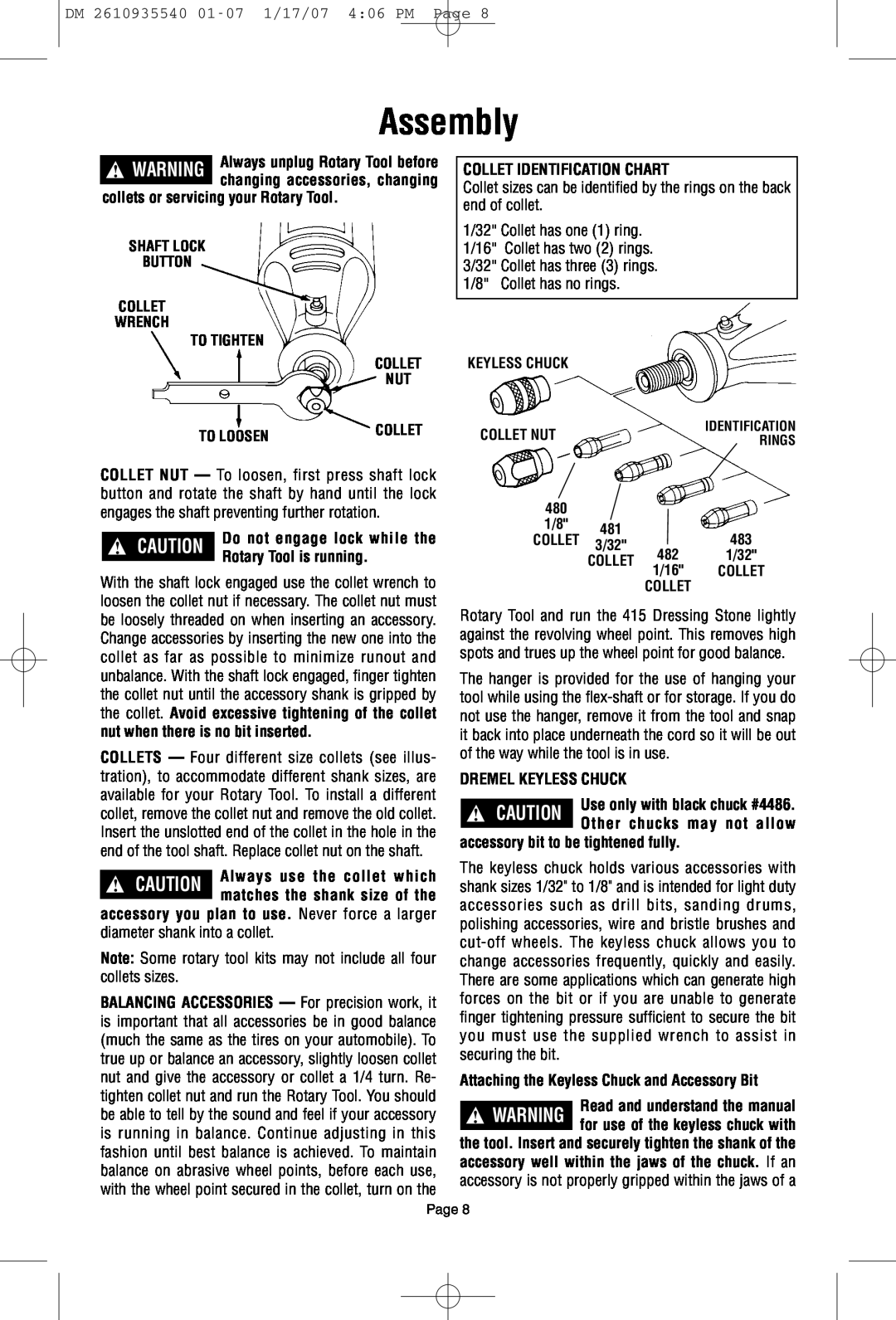 Dremel F013039519 Assembly, collets or servicing your Rotary Tool, Rotary Tool is running, Collet Identification Chart 