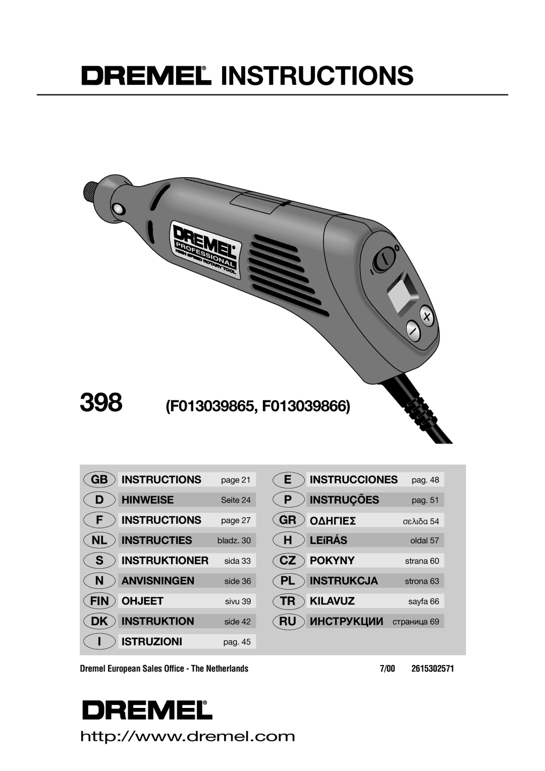 Dremel F013039865, F013039866 manual Instructions, Dremel European Sales Office The Netherlands 2615302571 