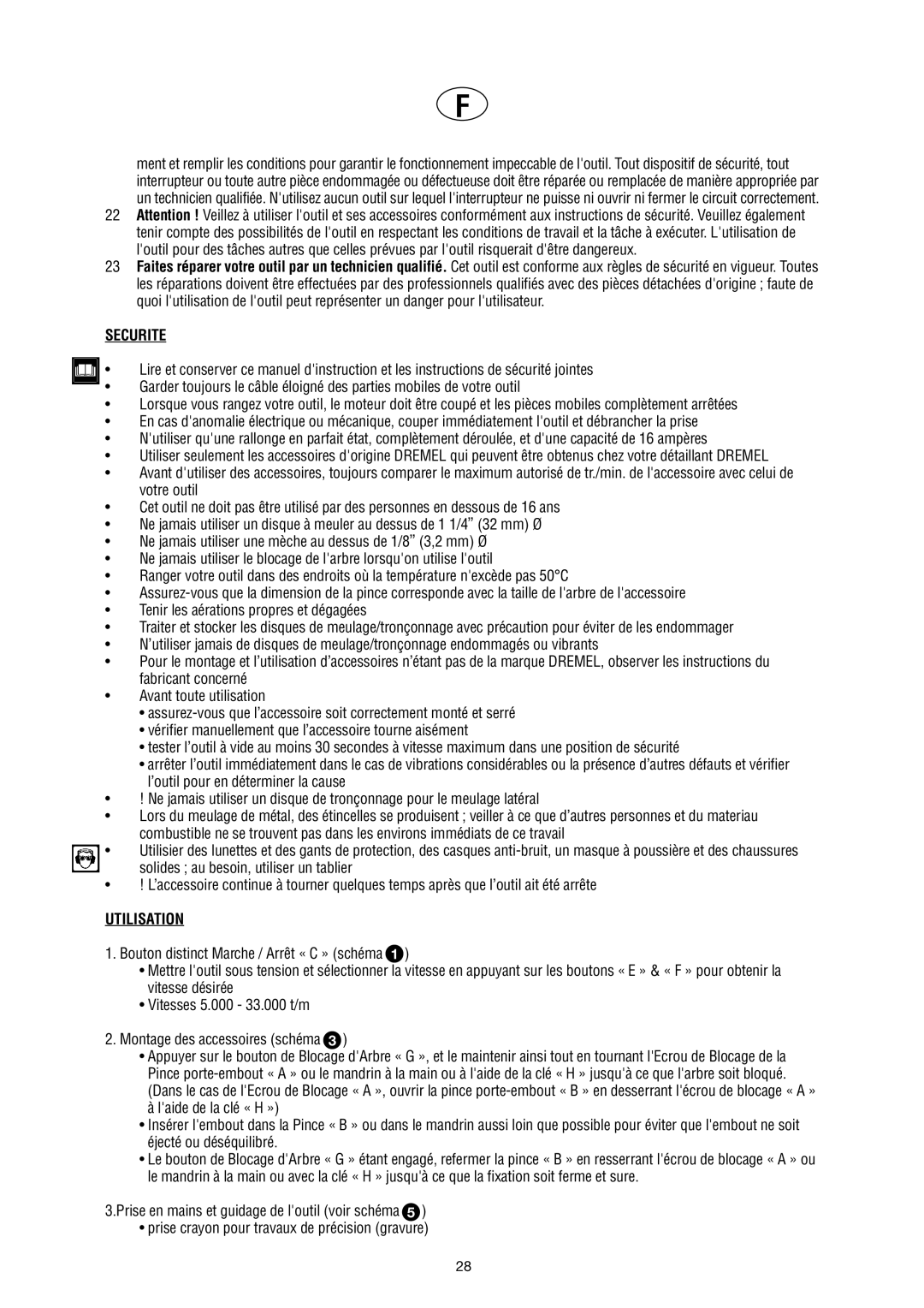 Dremel F013039866, F013039865 manual Securite, Utilisation 