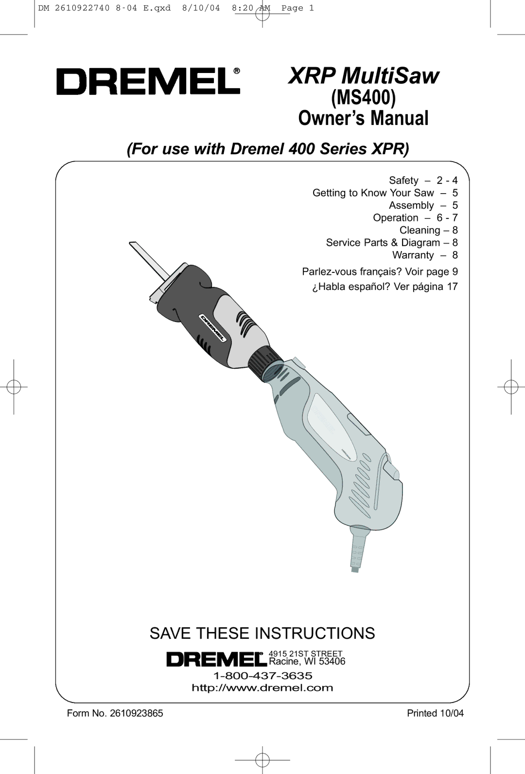 Dremel MS400 owner manual XRP MultiSaw 