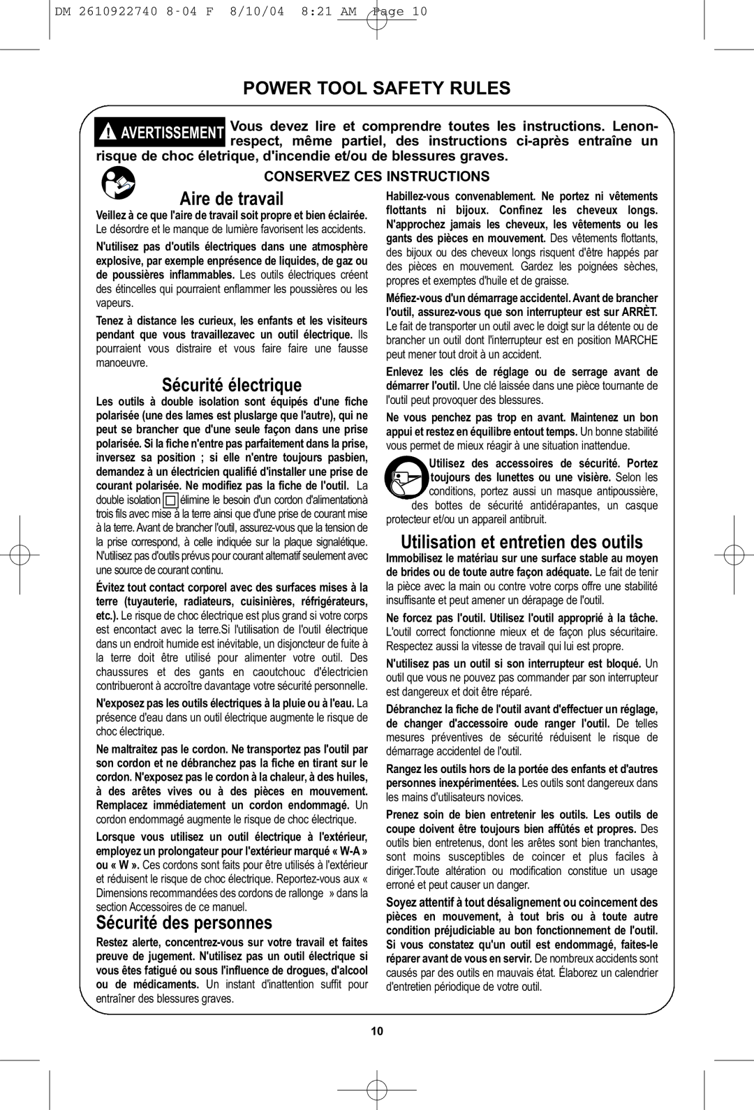 Dremel MS400 owner manual Power Tool Safety Rules, Vous devez lire et comprendre toutes les instructions. Lenon 