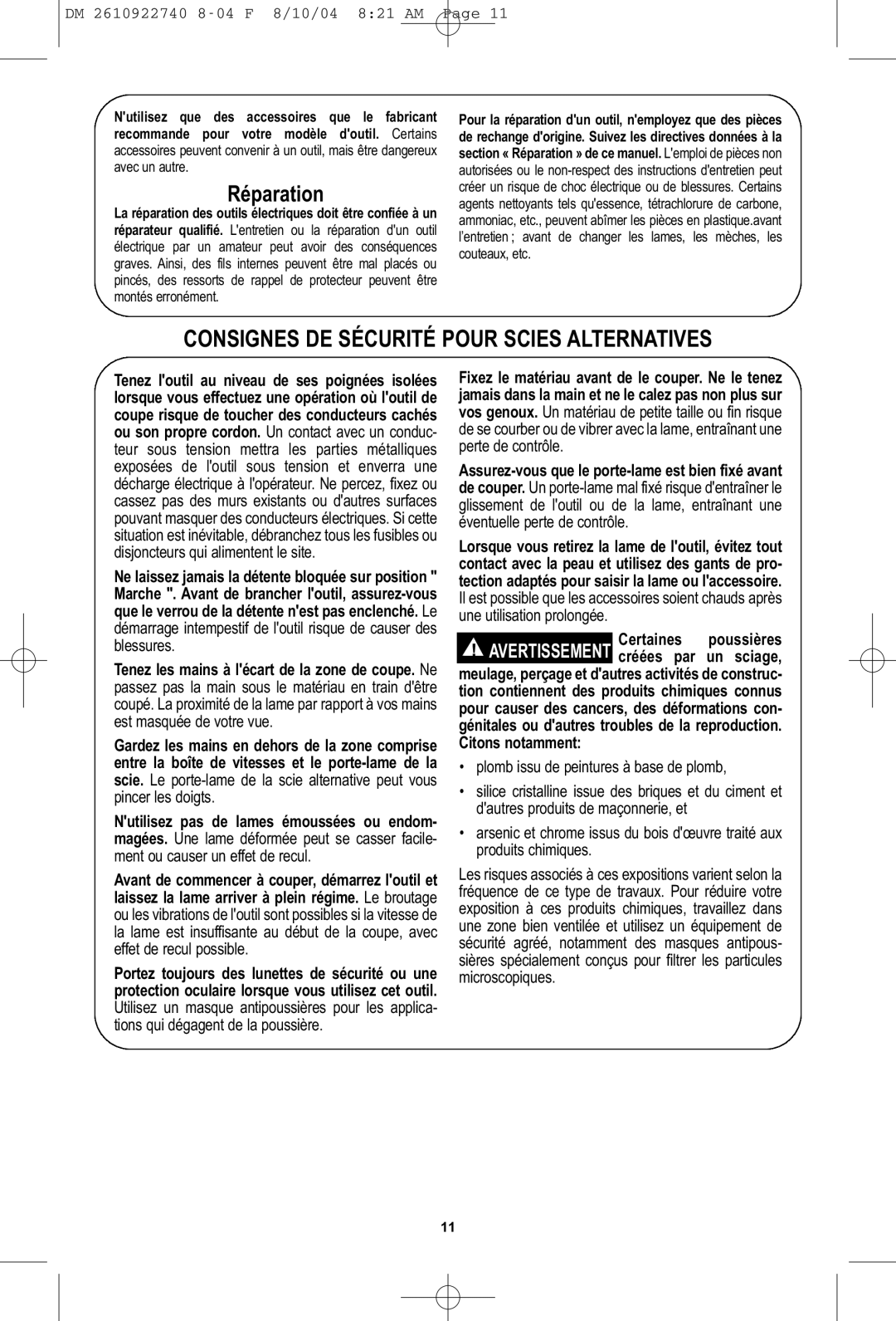 Dremel MS400 owner manual Consignes DE Sécurité, Pour Scies Alternatives 