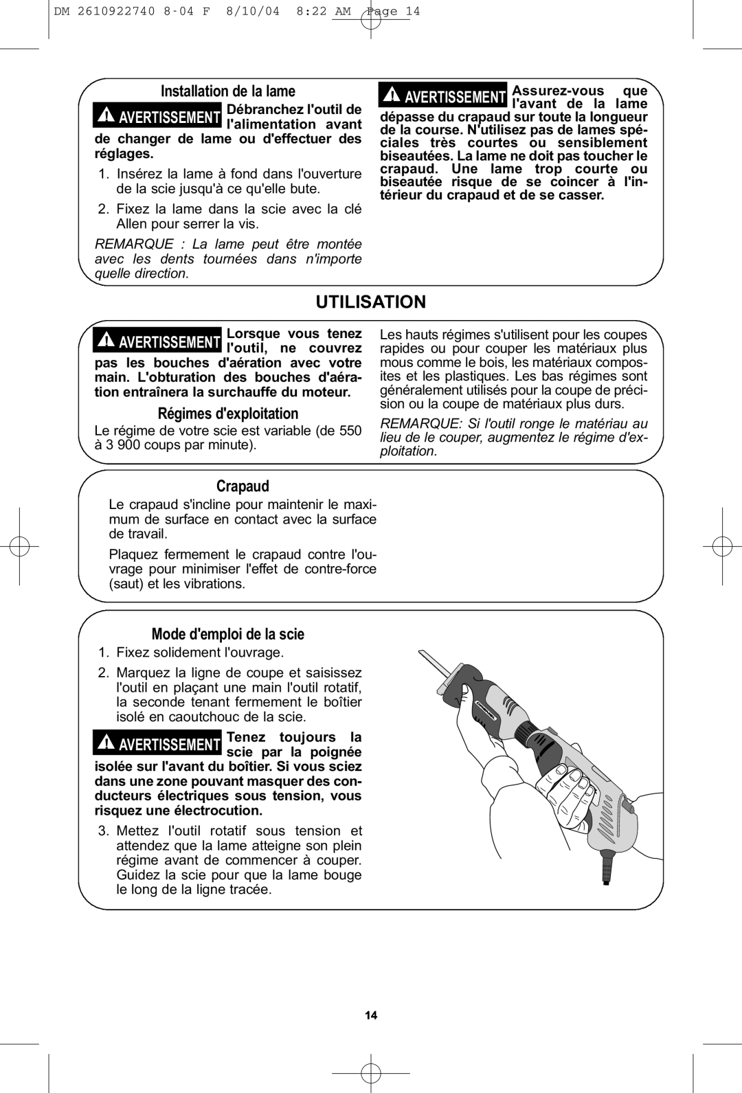 Dremel MS400 owner manual Utilisation, Installation de la lame, Régimes dexploitation, Crapaud 