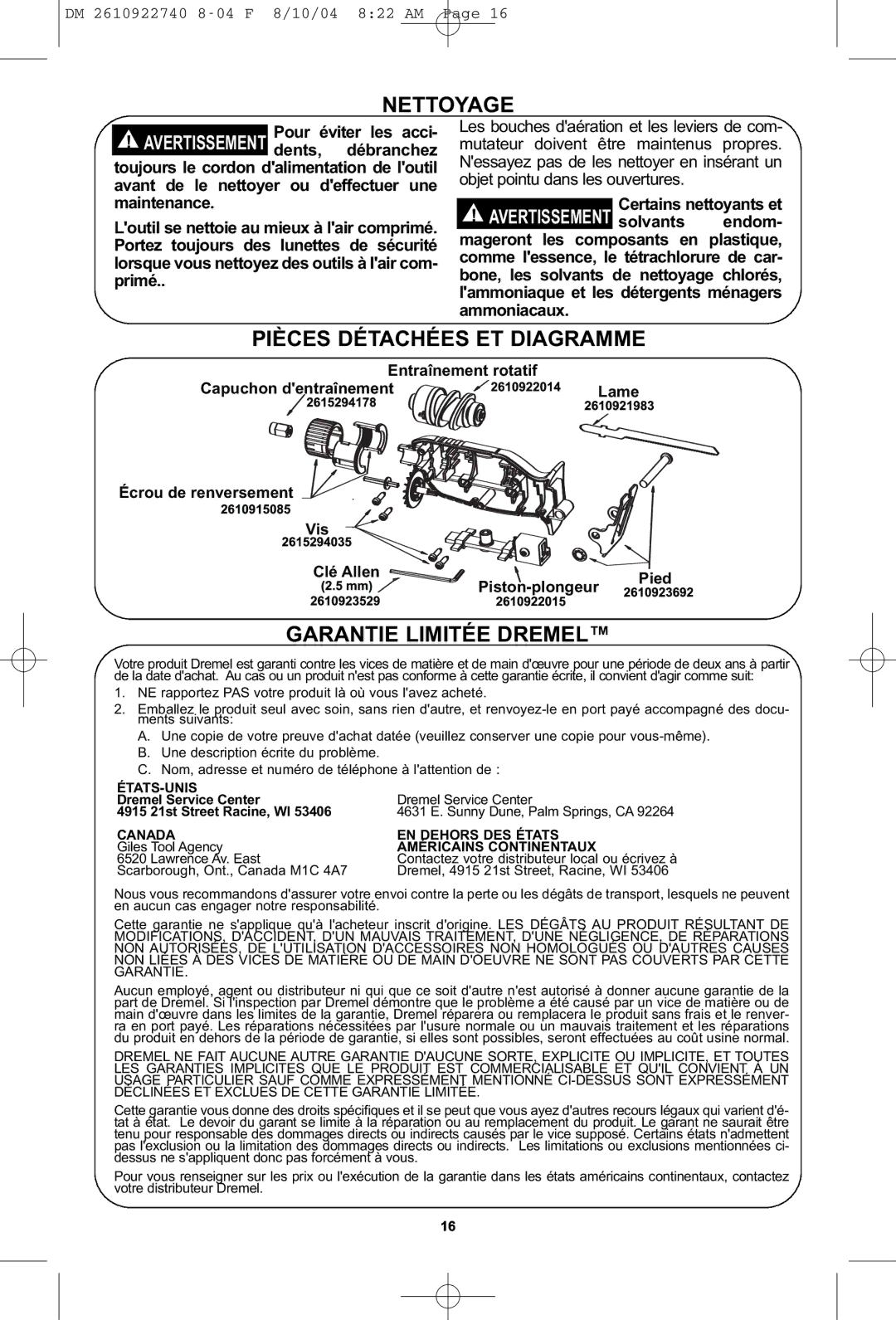 Dremel MS400 owner manual Garantie Limitée Dremel 