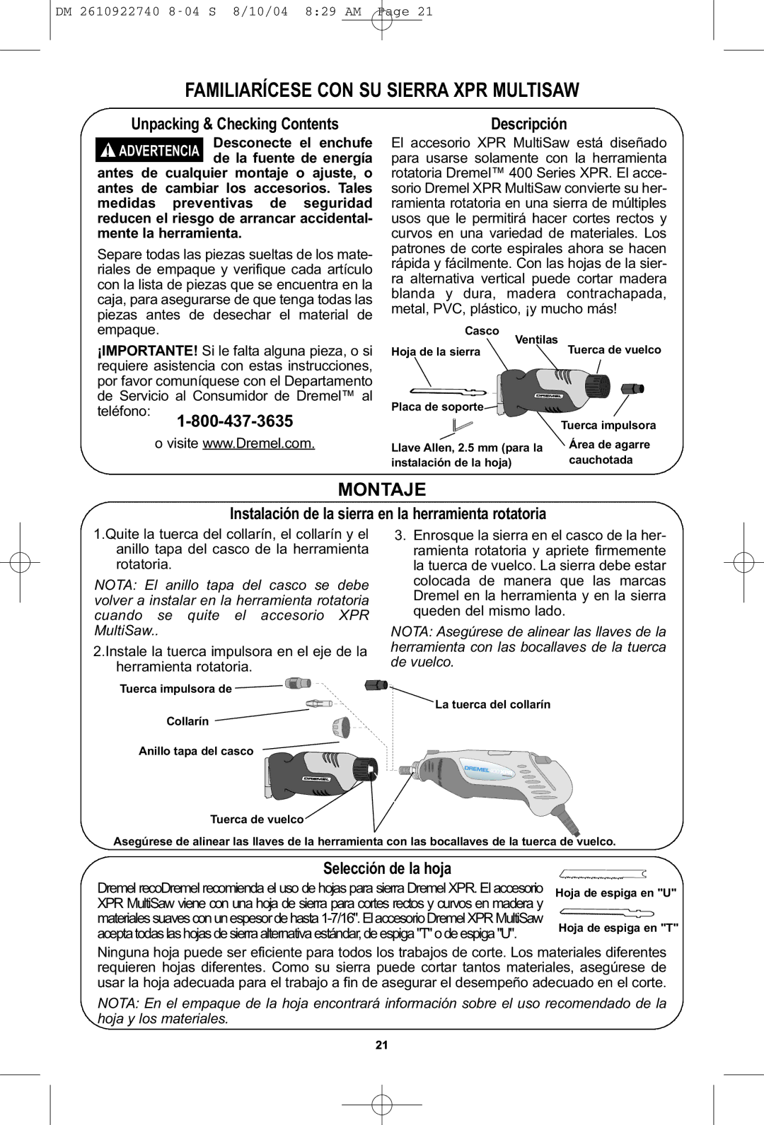 Dremel MS400 Familiarícese CON SU Sierra XPR Multisaw, Montaje, Instalación de la sierra en la herramienta rotatoria 