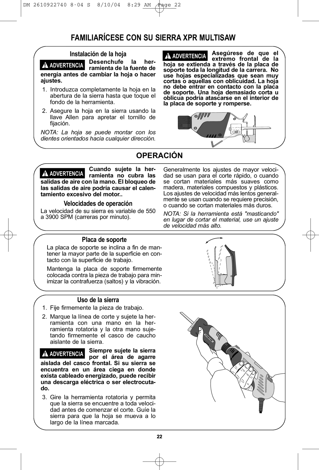 Dremel MS400 owner manual Operación, Instalación de la hoja, Velocidades de operación, Placa de soporte, Uso de la sierra 