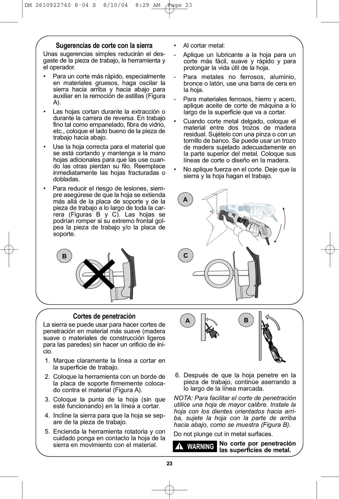 Dremel MS400 owner manual Sugerencias de corte con la sierra, Cortes de penetración 