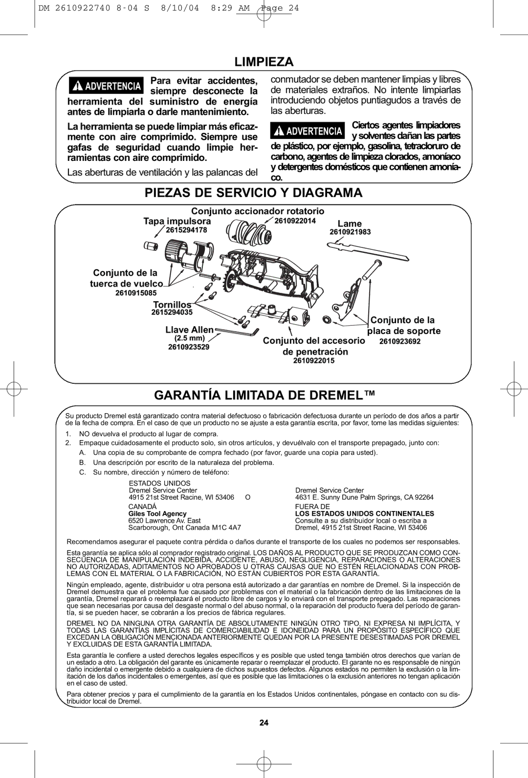 Dremel MS400 owner manual Limpieza, Piezas DE Servicio Y Diagrama, Garantía Limitada DE Dremel 