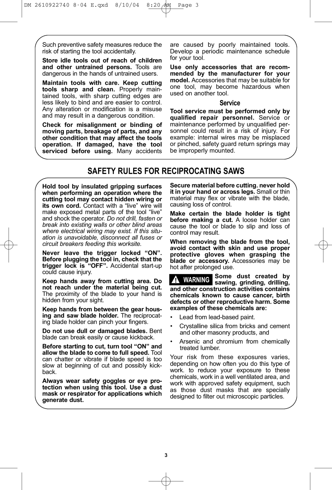 Dremel MS400 owner manual Safety Rules for Reciprocating Saws, Service 