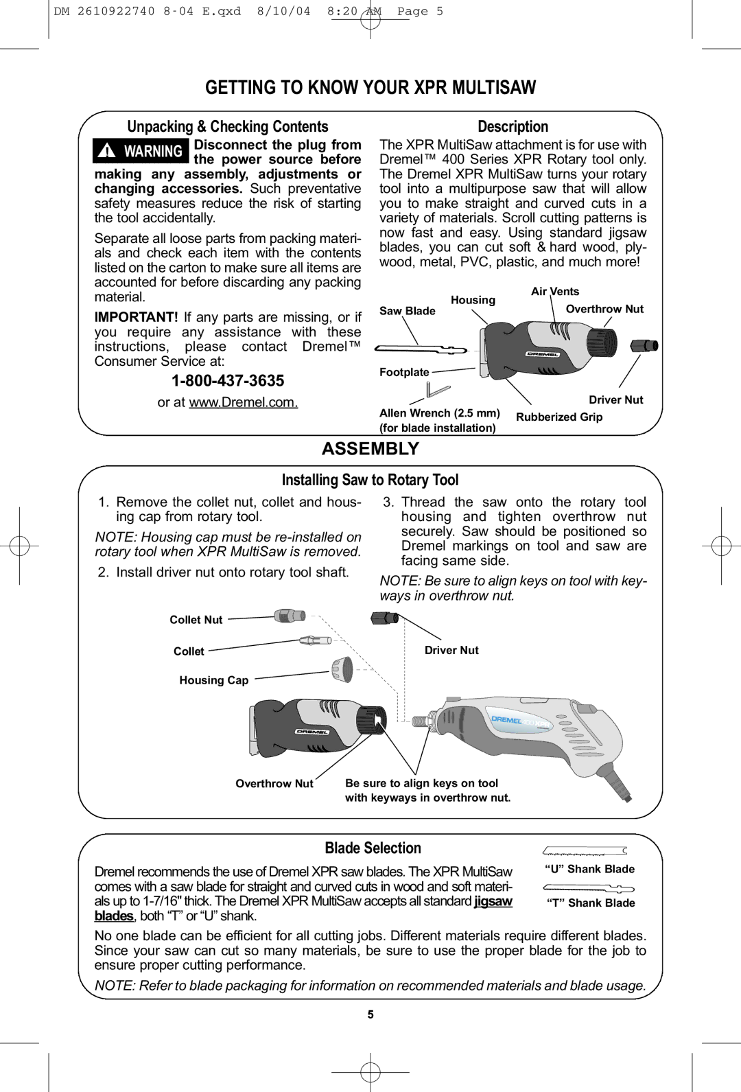 Dremel MS400 owner manual Getting to Know Your XPR Multisaw, Description, Blade Selection 