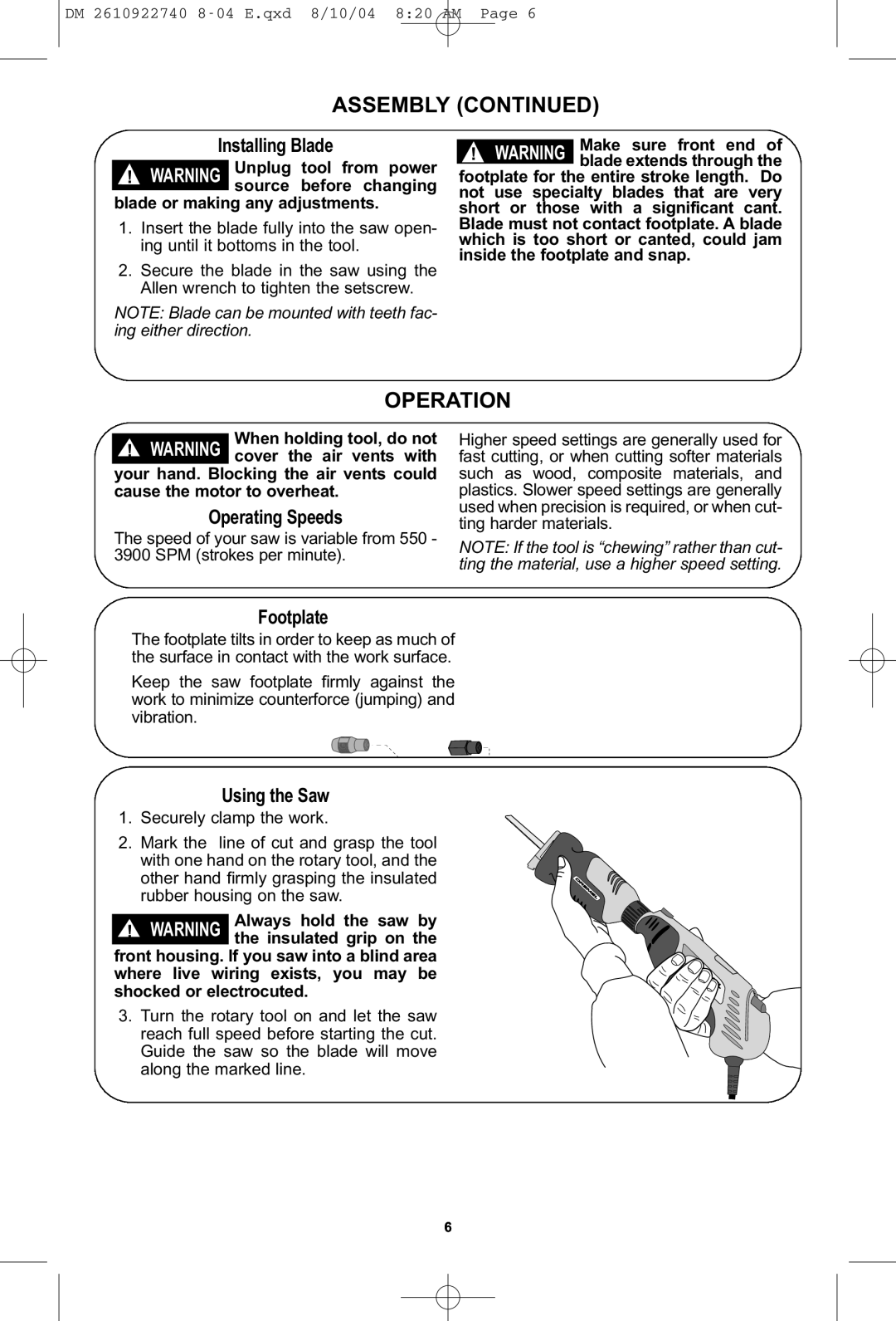 Dremel MS400 owner manual Assembly, Operation, Installing Blade, Footplate, Using the Saw 1. Securely clamp the work 