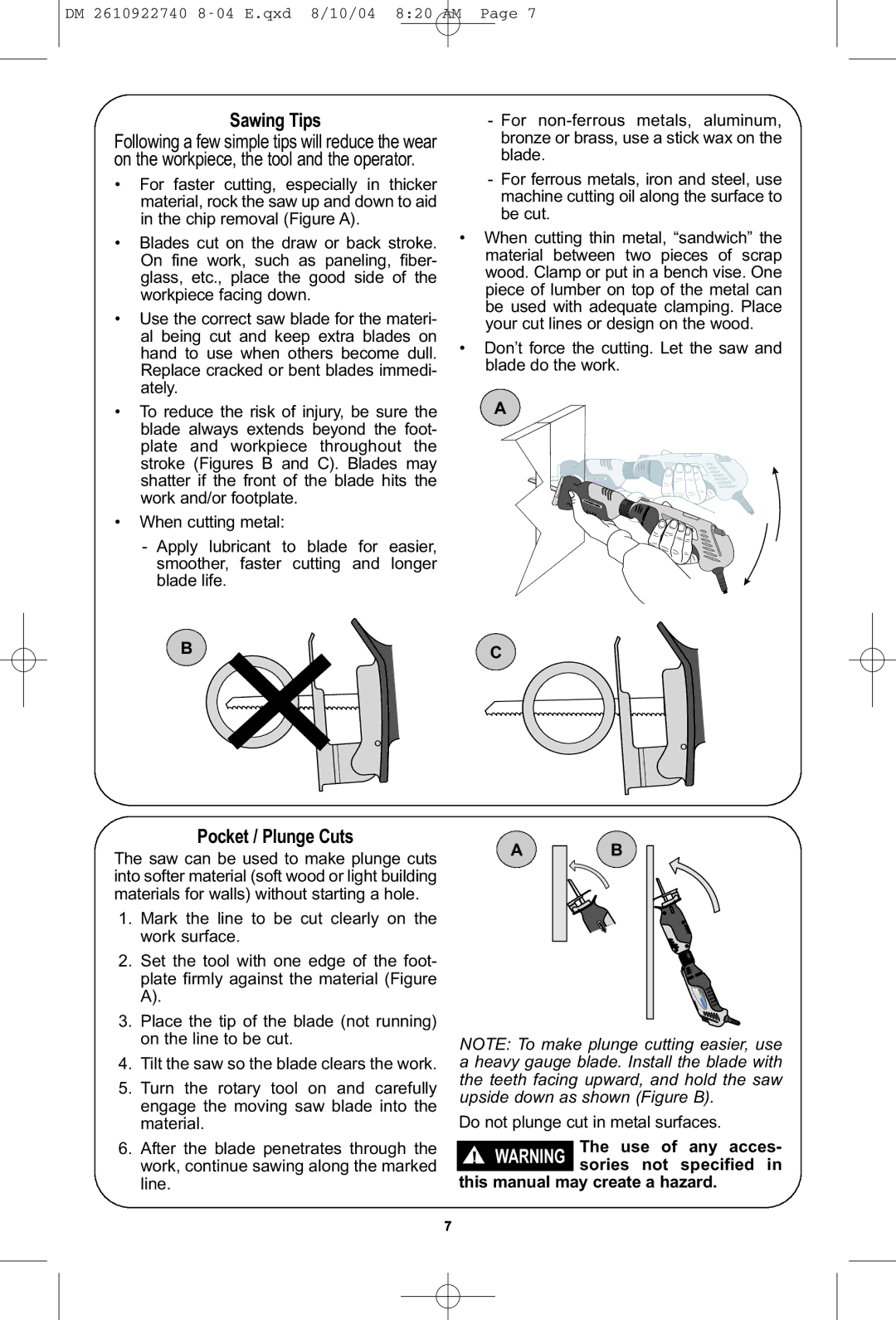 Dremel MS400 owner manual Sawing Tips, Pocket / Plunge Cuts, This manual may create a hazard 