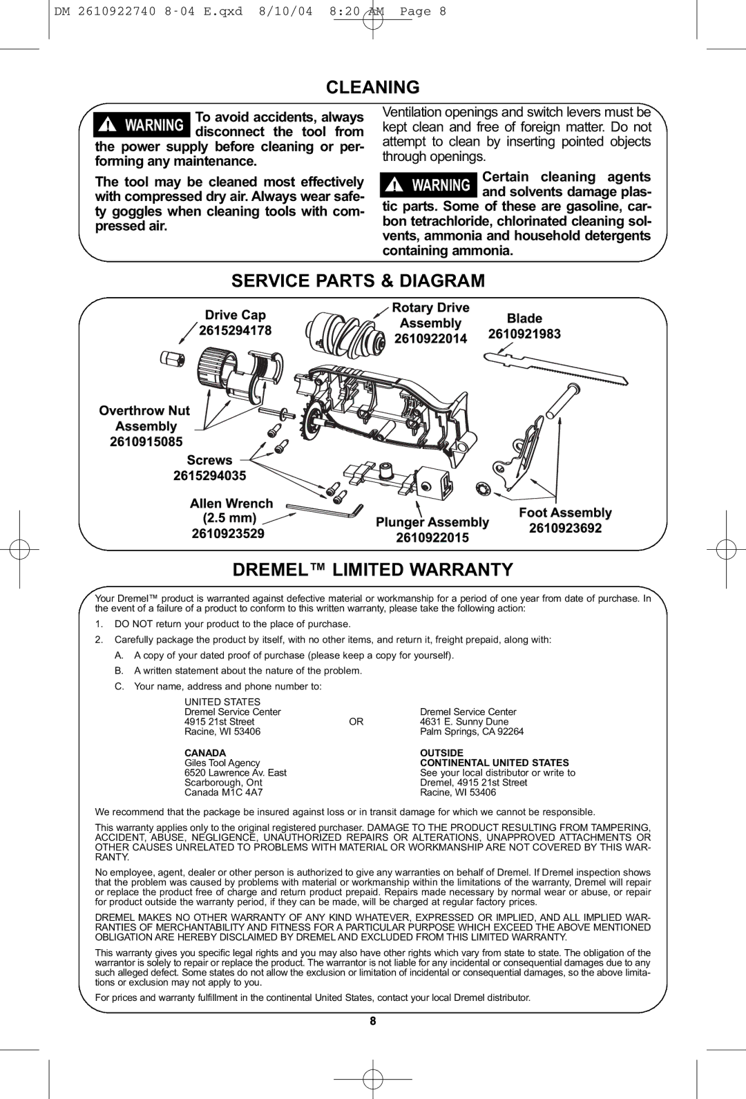 Dremel MS400 owner manual Cleaning, Service Parts & Diagram, Dremel Limited Warranty 