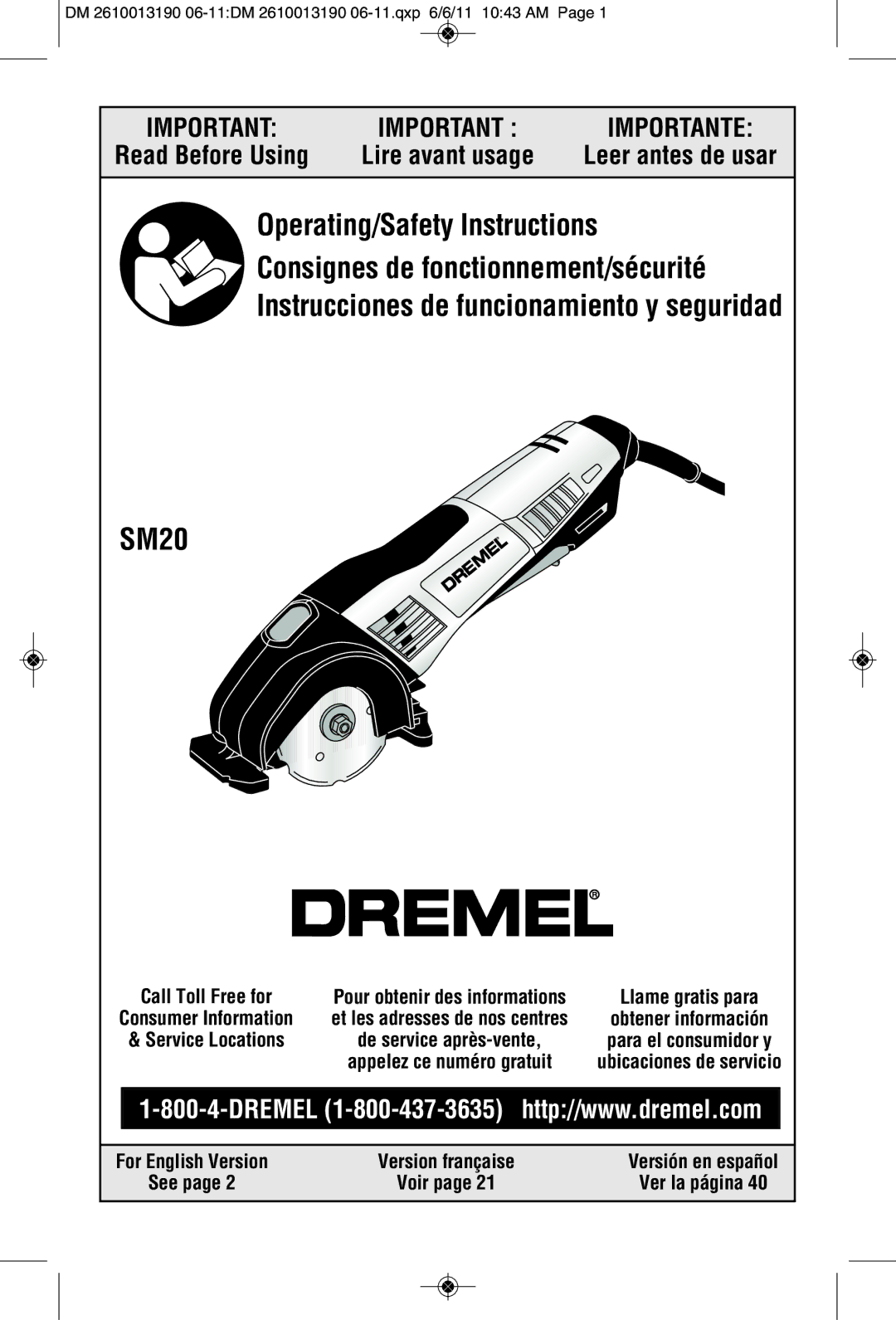 Dremel SM20 manual Leer antes de usar, DM 2610013190 06-11DM 2610013190 06-11.qxp 6/6/11 1043 AM, See Voir Ver la página 