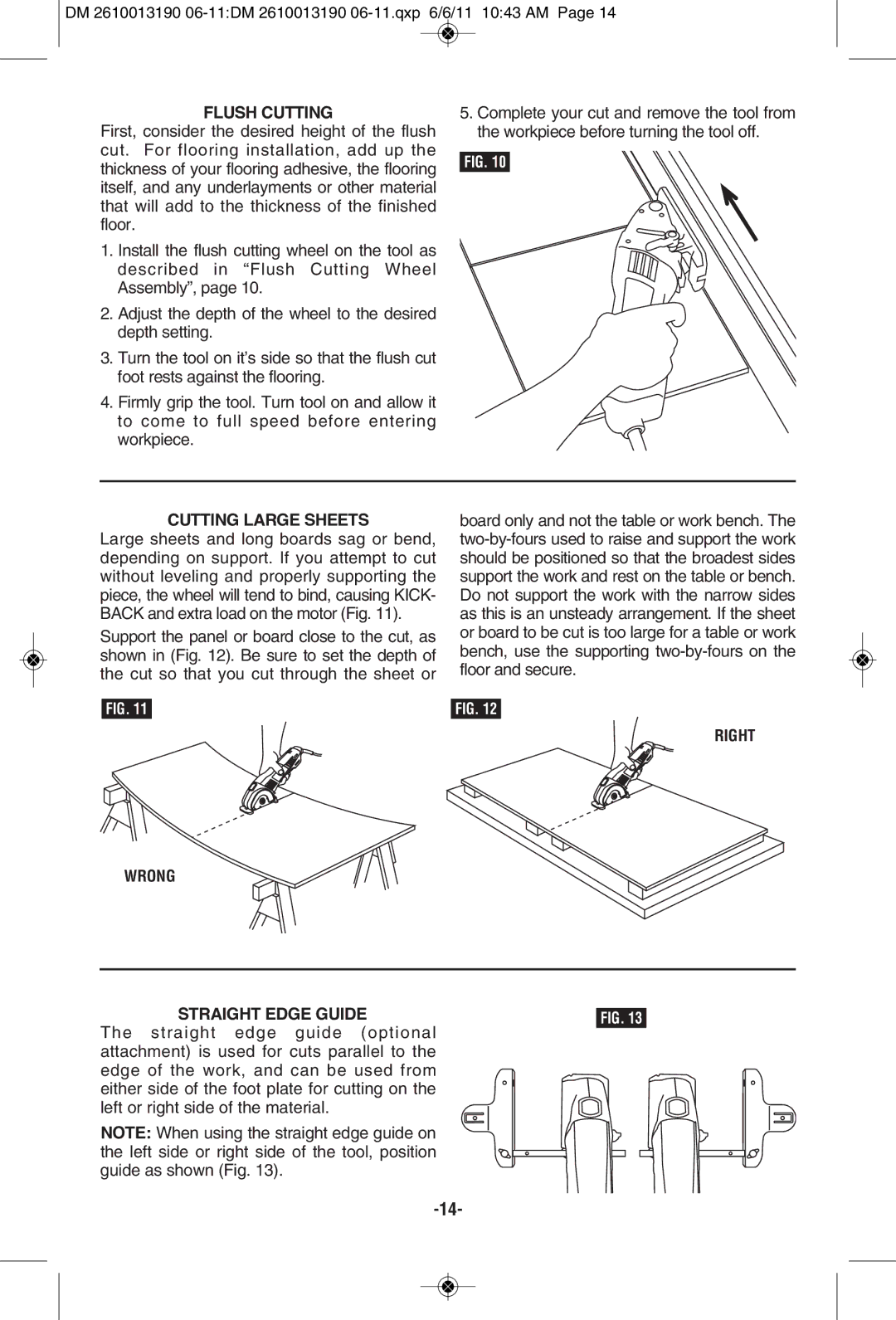 Dremel SM20 manual Flush Cutting, Cutting Large Sheets, Right Wrong 