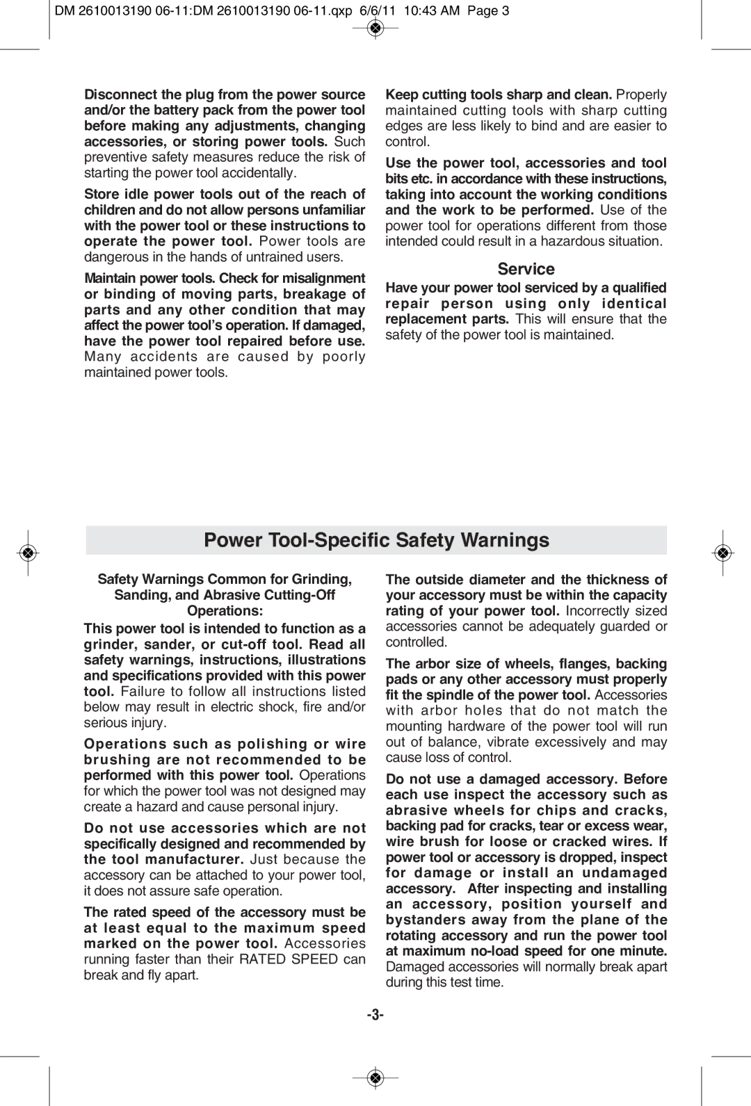 Dremel SM20 manual Power Tool-Specific Safety Warnings, Service, Many accidents are caused by poorly maintained power tools 