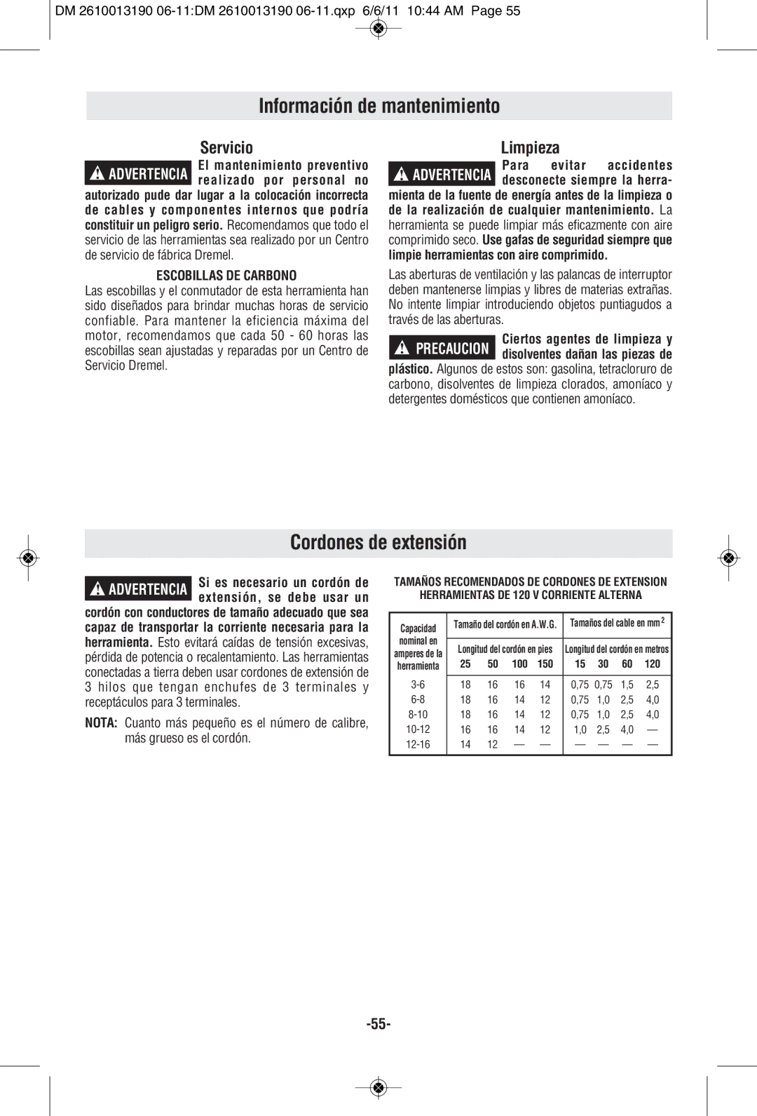 Dremel SM20 manual Información de mantenimiento, Cordones de extensión, Servicio, Limpieza, Escobillas DE Carbono 