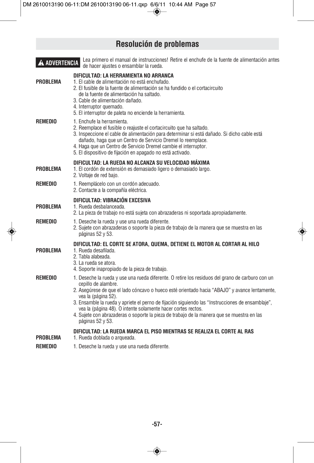 Dremel SM20 manual Resolución de problemas 