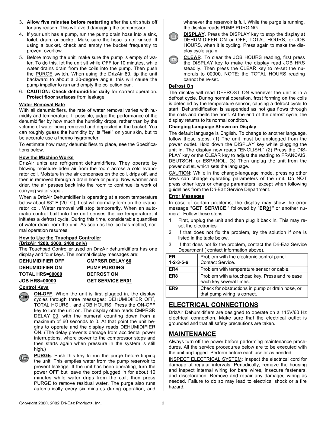 Dri-Eaz 2400 LG, 1200, 80, 2000 LG owner manual Electrical Connections, Maintenance 