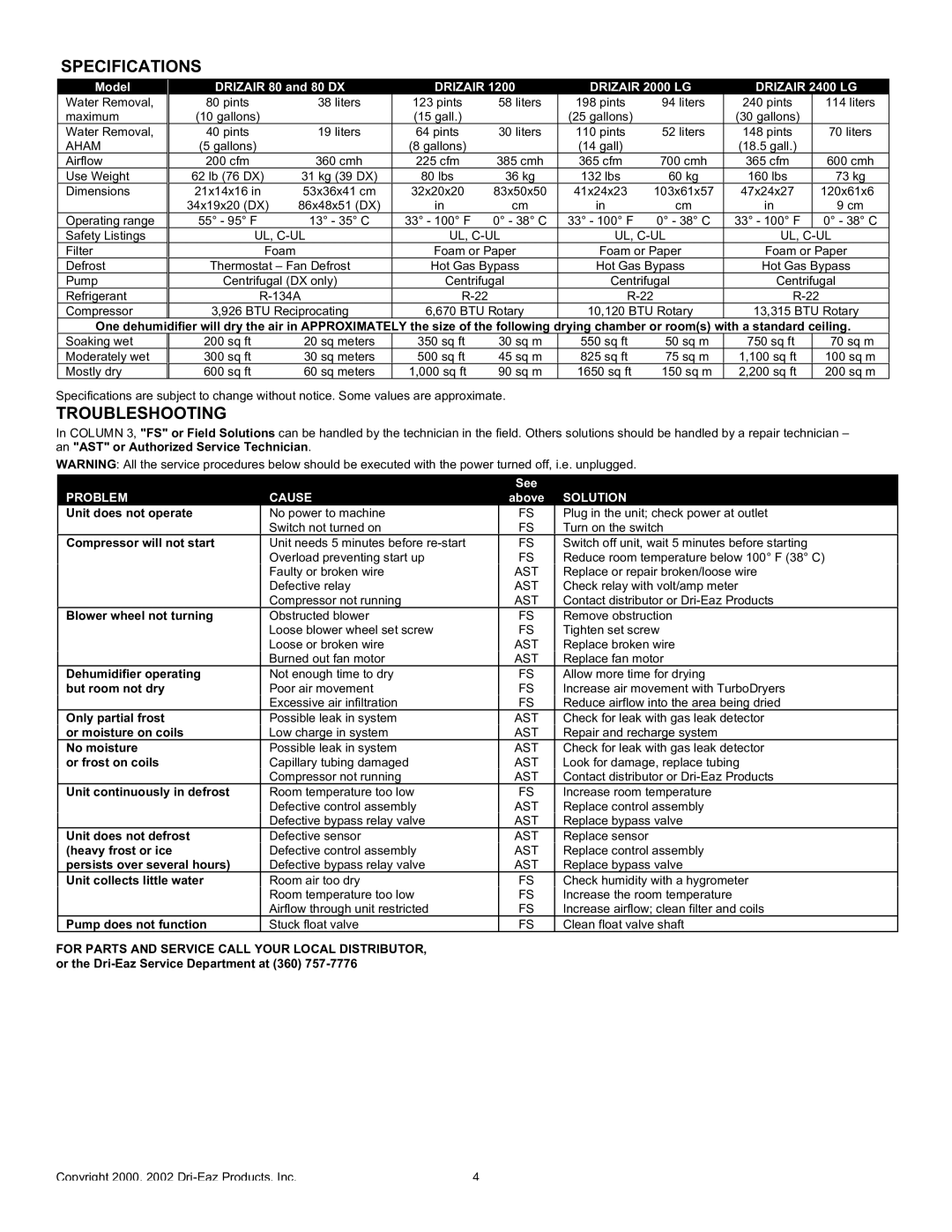 Dri-Eaz 1200, 80, 2400 LG, 2000 LG owner manual Specifications 