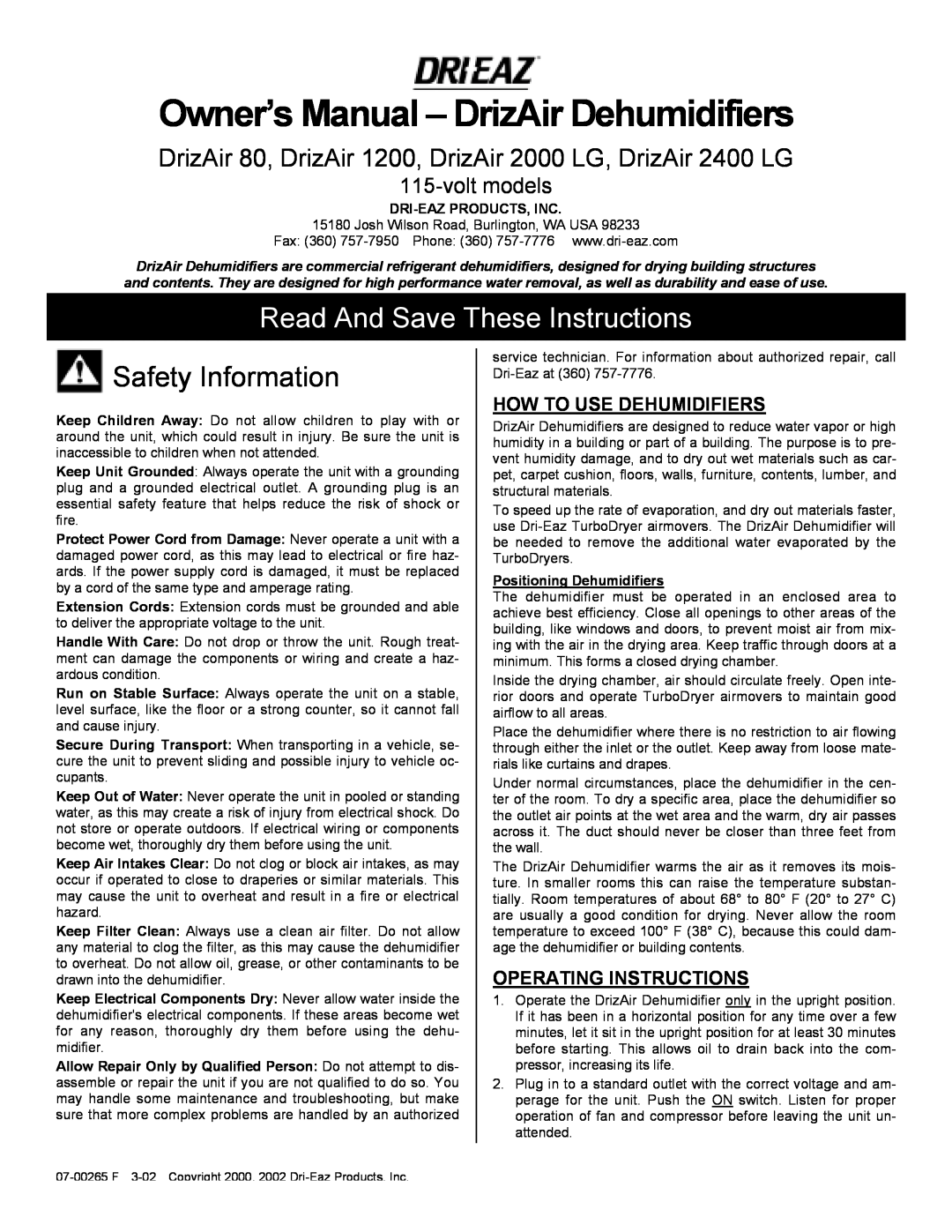 Dri-Eaz 80 owner manual How To Use Dehumidifiers, Operating Instructions, Read And Save These Instructions, voltmodels 