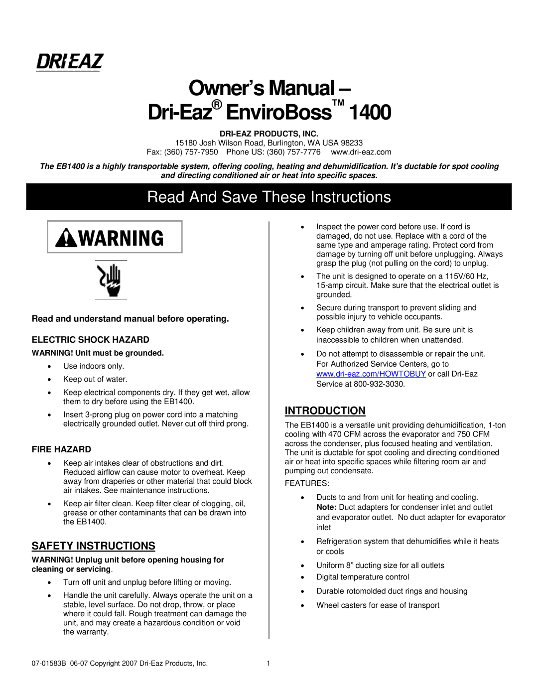 Dri-Eaz 1400 owner manual Dri-EazEnviroBoss, Safety Instructions, Introduction, Electric Shock Hazard, Fire Hazard 